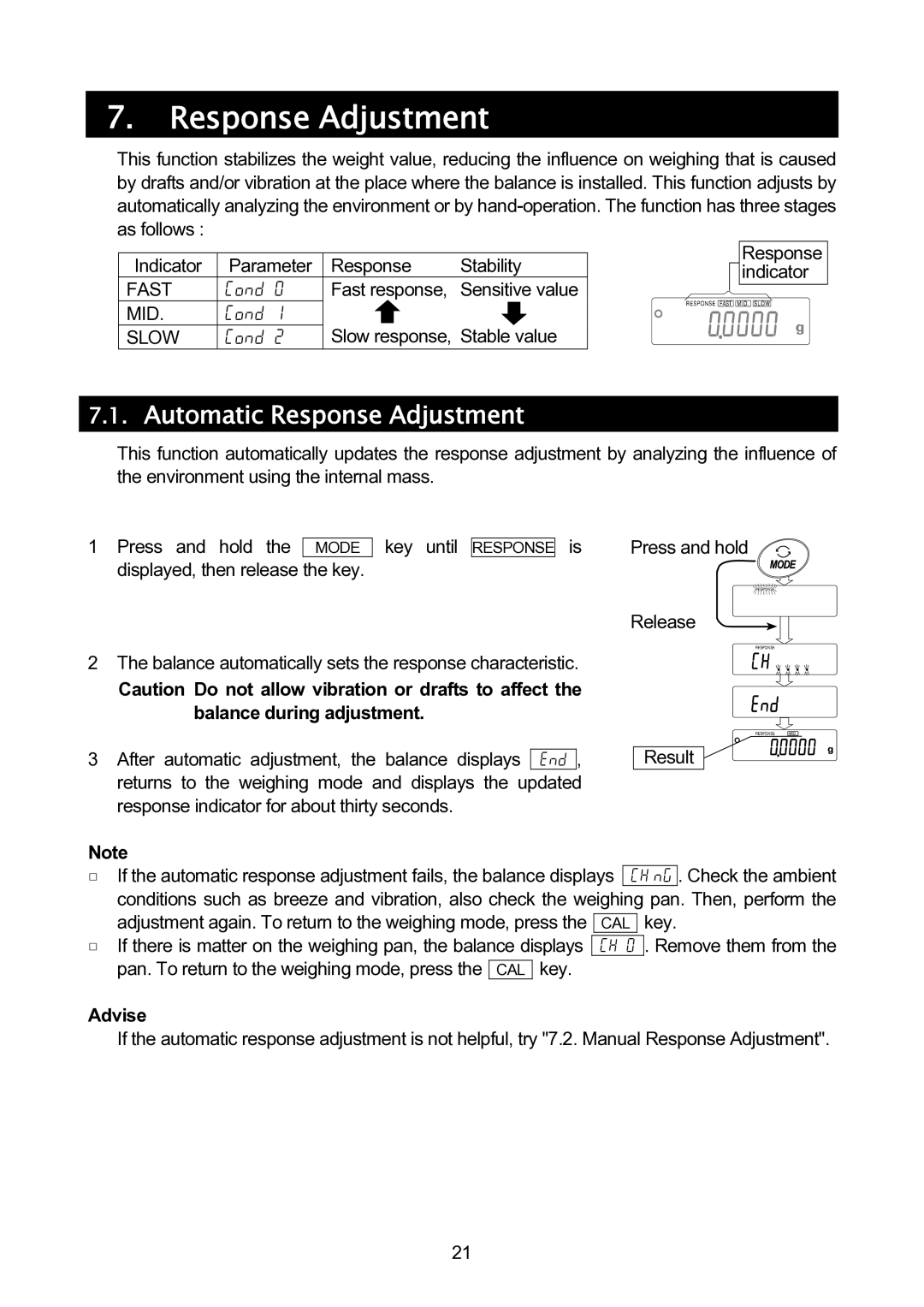 A&D GH-120/GH-200/GH-300/GH-202/GH-252 manual Automatic Response Adjustment, Advise 