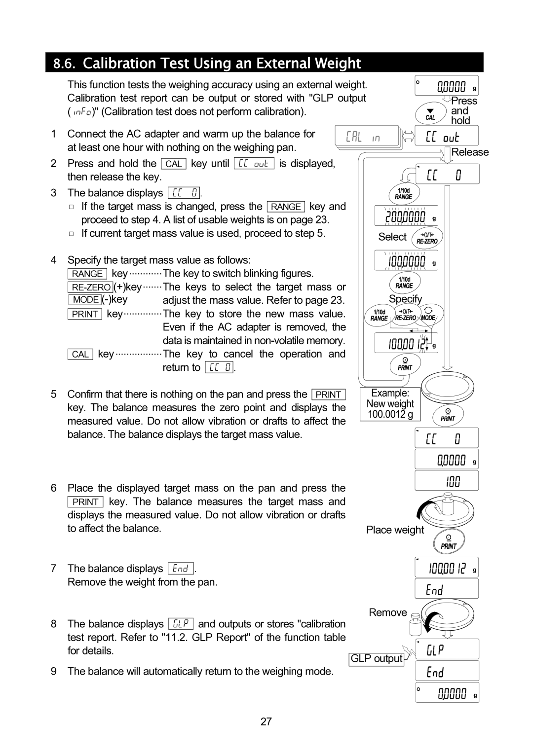 A&D GH-120/GH-200/GH-300/GH-202/GH-252 manual Calibration Test Using an External Weight, Even if the AC adapter is removed 