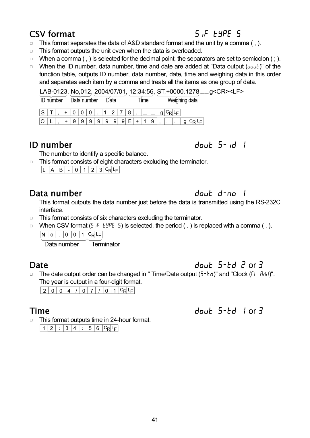 A&D GH-120/GH-200/GH-300/GH-202/GH-252 manual CSV format, Date, Time, Data number Terminator 