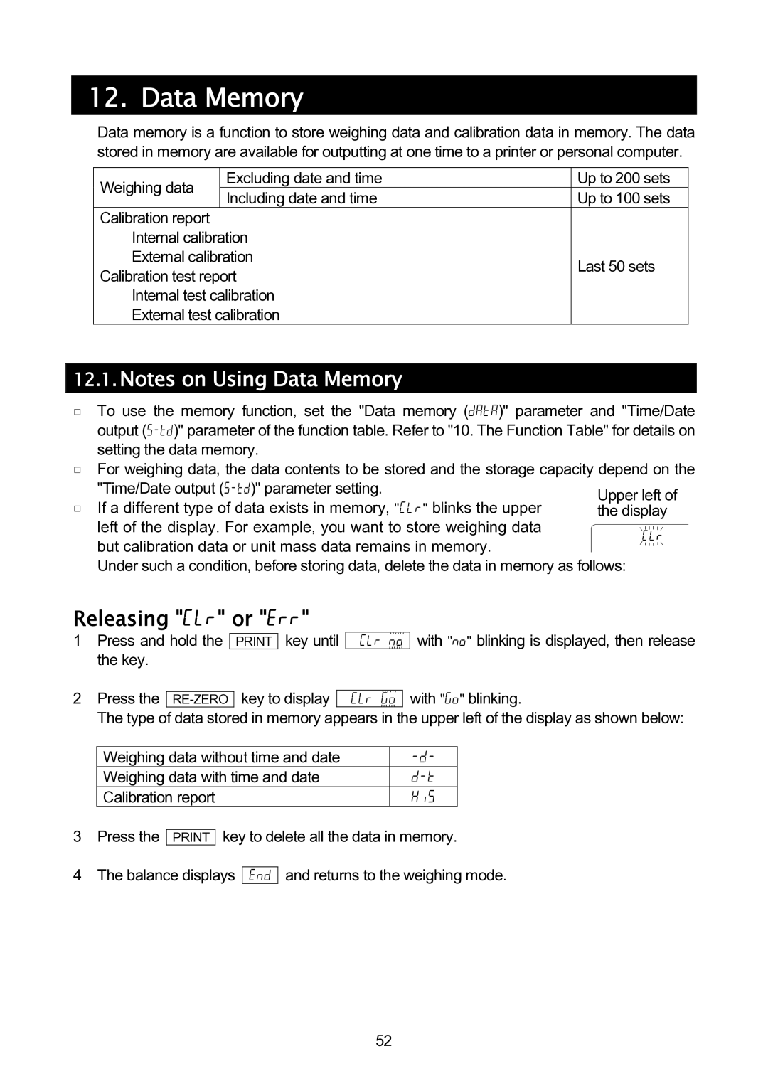 A&D GH-120/GH-200/GH-300/GH-202/GH-252 manual Data Memory, Releasing Clr or err, Press and hold the Print key until the key 