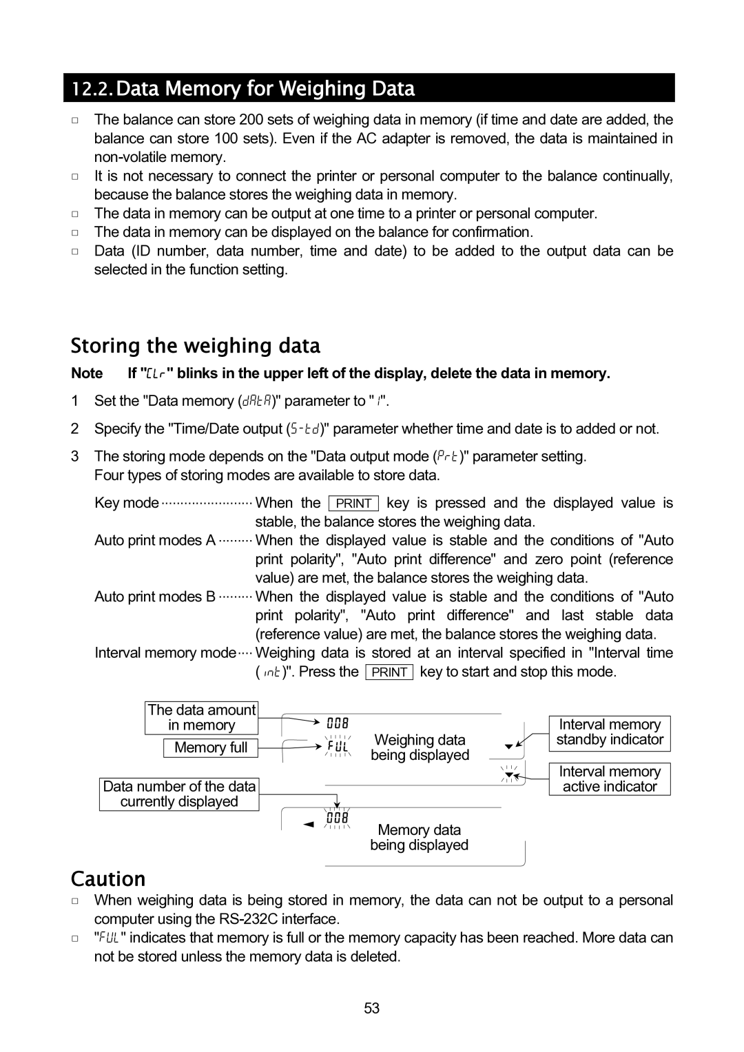 A&D GH-120/GH-200/GH-300/GH-202/GH-252 manual Data Memory for Weighing Data, Storing the weighing data, Memory full 