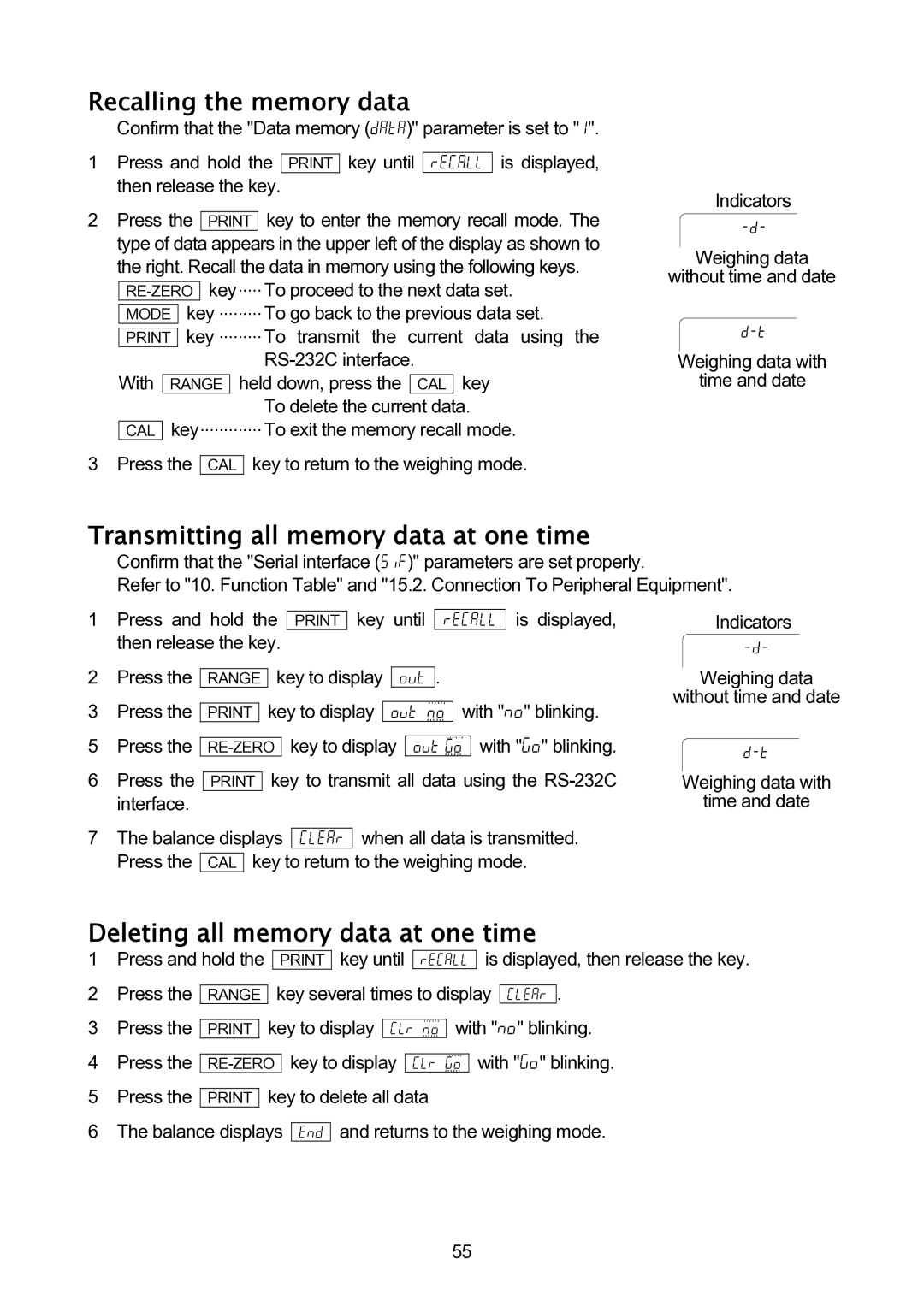 A&D GH-120/GH-200/GH-300/GH-202/GH-252 manual Recalling the memory data, Transmitting all memory data at one time 