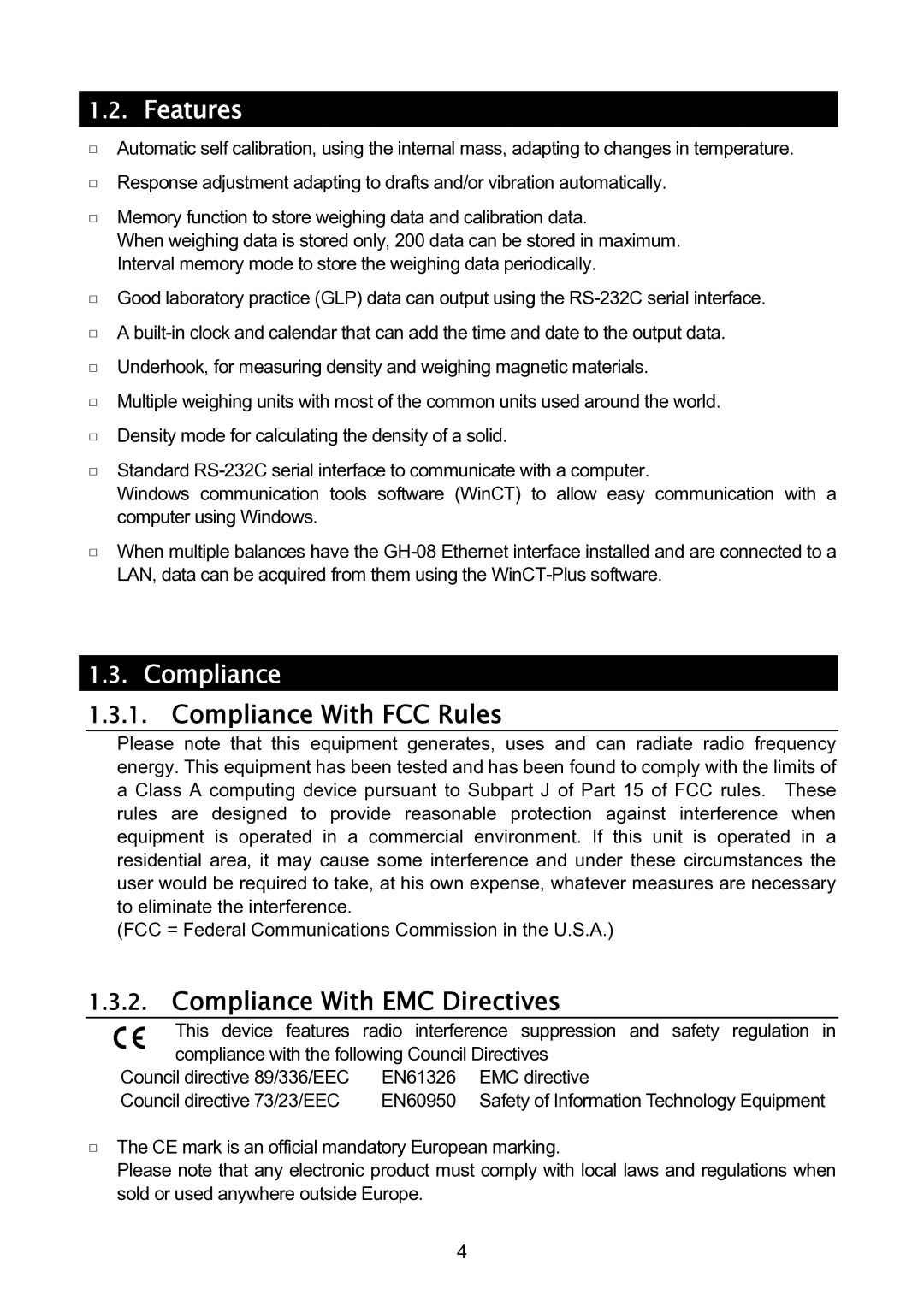 A&D GH-120/GH-200/GH-300/GH-202/GH-252 manual Features, Compliance With FCC Rules, Compliance With EMC Directives 