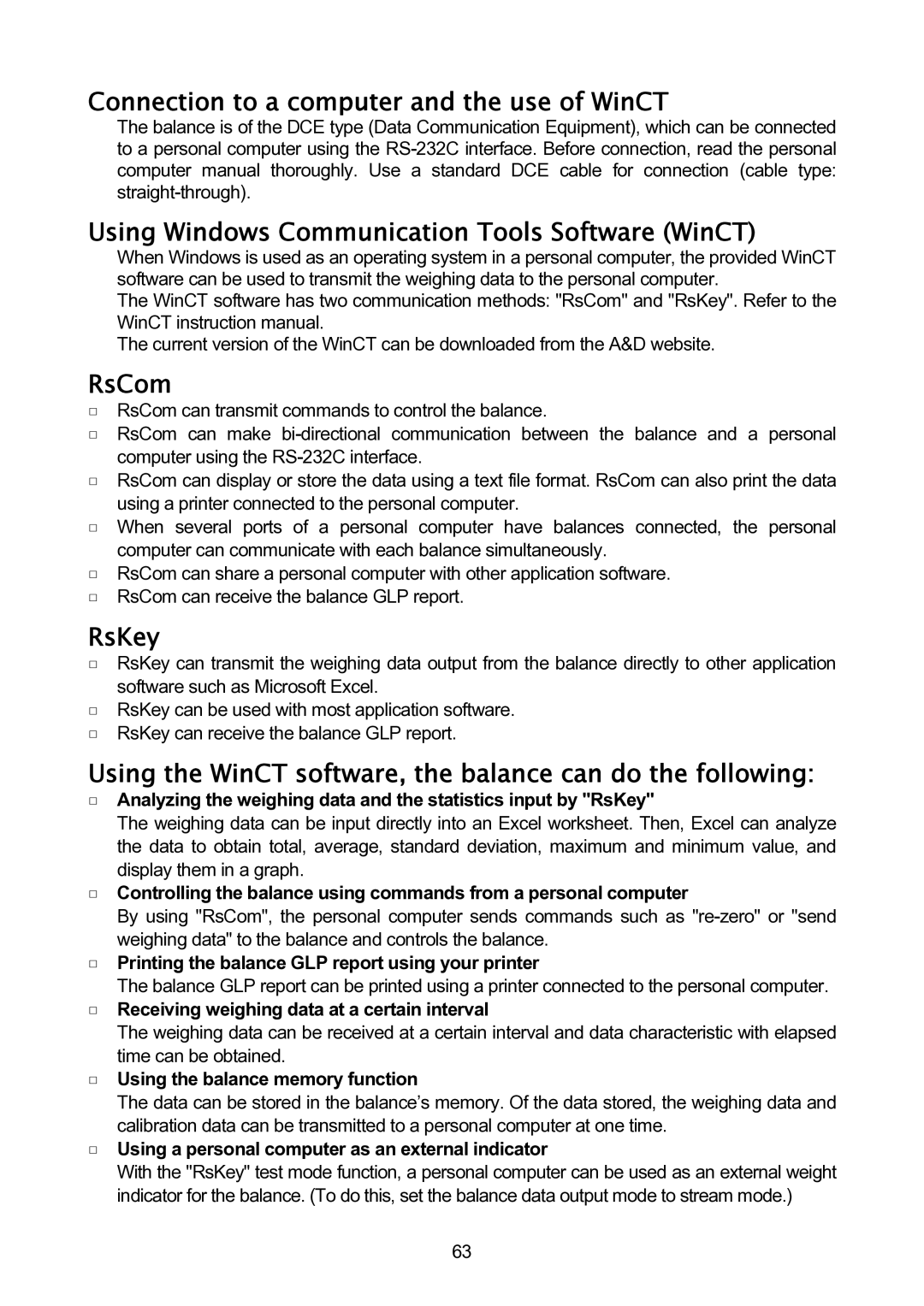 A&D GH-120/GH-200/GH-300/GH-202/GH-252 manual Connection to a computer and the use of WinCT, RsCom, RsKey 