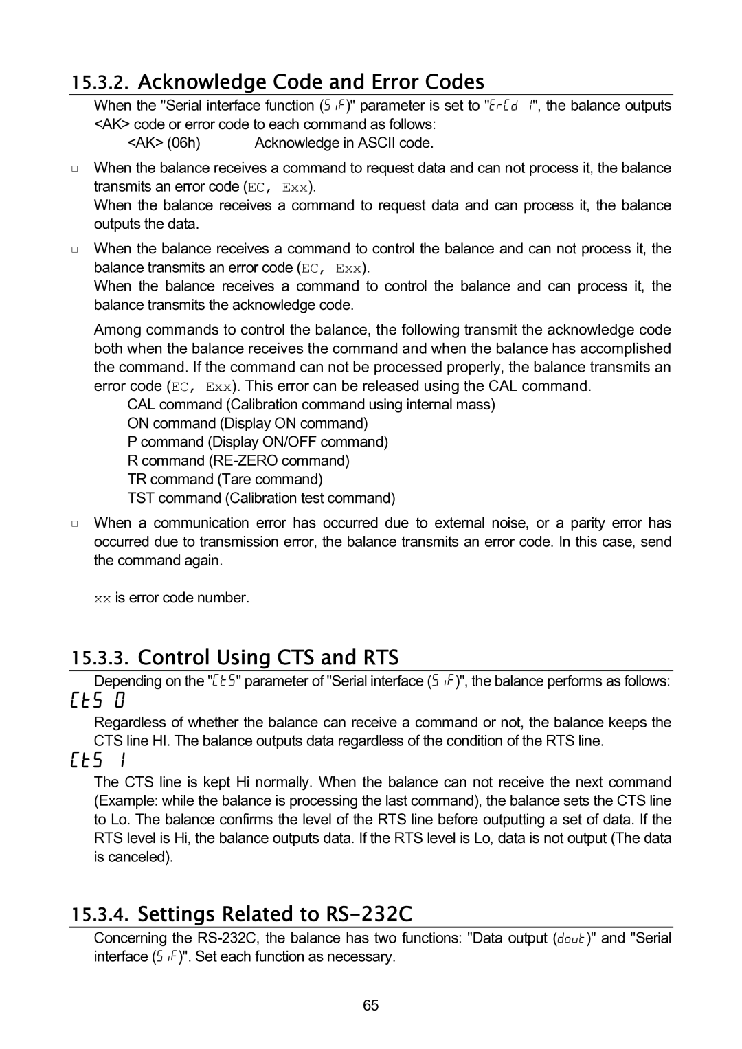 A&D GH-120/GH-200/GH-300/GH-202/GH-252 manual Acknowledge Code and Error Codes, Control Using CTS and RTS 