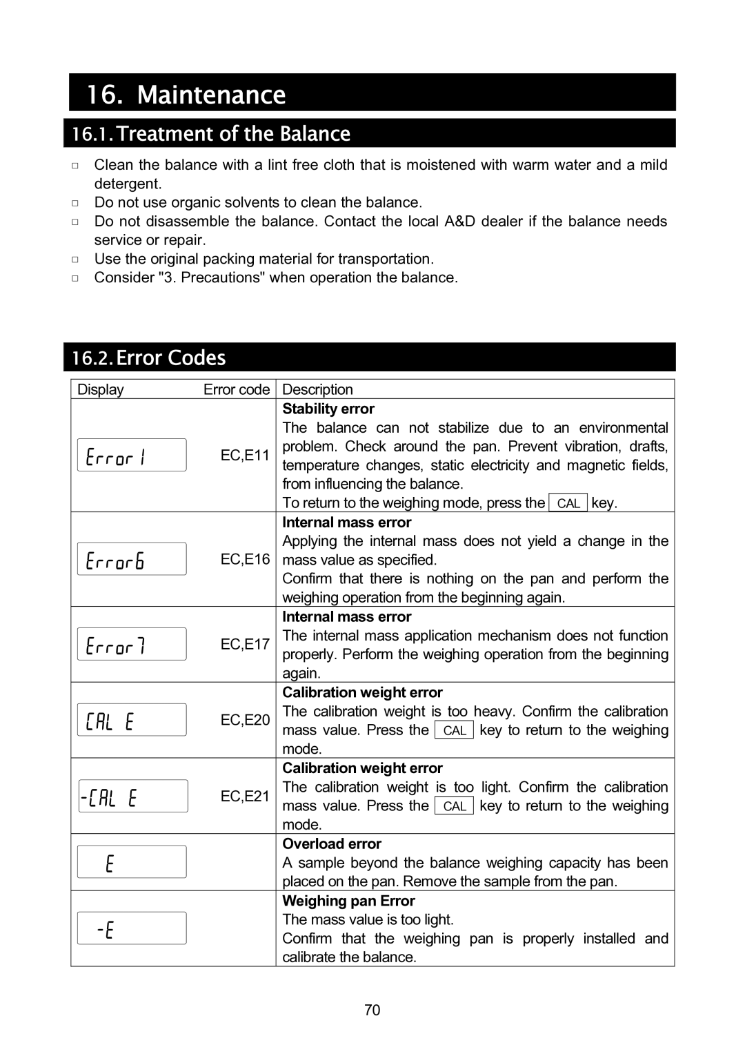 A&D GH-120/GH-200/GH-300/GH-202/GH-252 manual Maintenance, Treatment of the Balance, Error Codes 