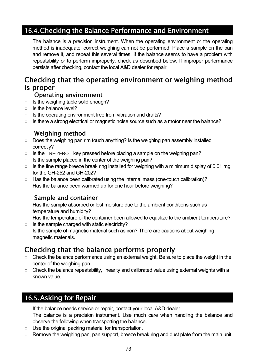 A&D GH-120/GH-200/GH-300/GH-202/GH-252 manual Checking the Balance Performance and Environment, Asking for Repair 