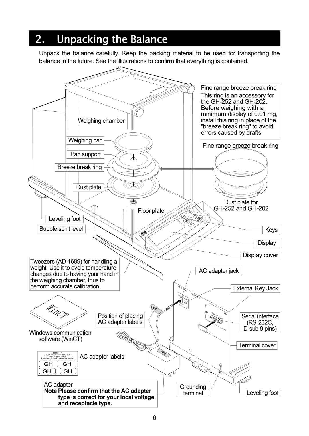 A&D GH-120/GH-200/GH-300/GH-202/GH-252 manual Unpacking the Balance 