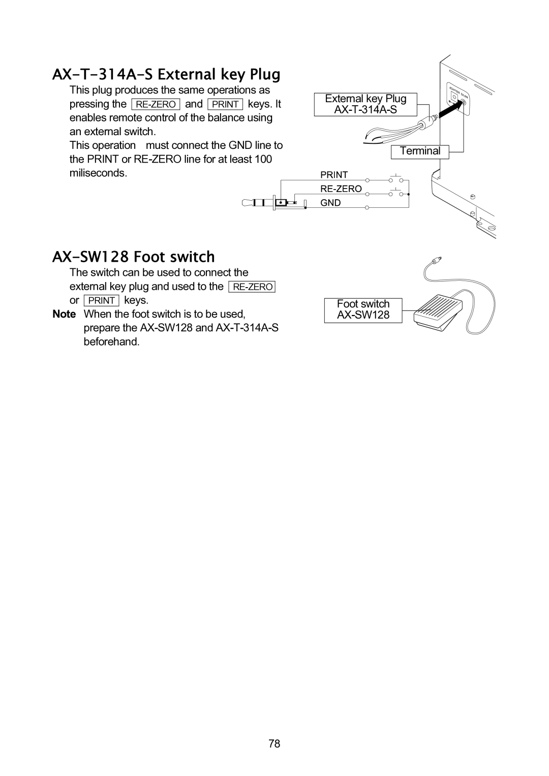 A&D GH-120/GH-200/GH-300/GH-202/GH-252 manual AX-T-314A-S External key Plug, AX-SW128 Foot switch 