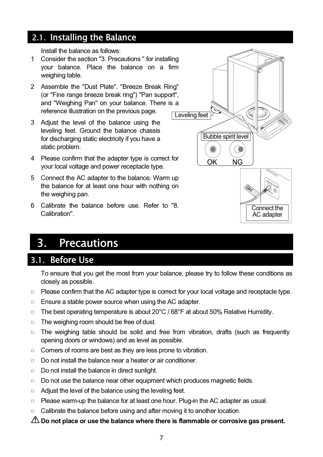 A&D GH-120/GH-200/GH-300/GH-202/GH-252 manual Precautions, Installing the Balance, Before Use 