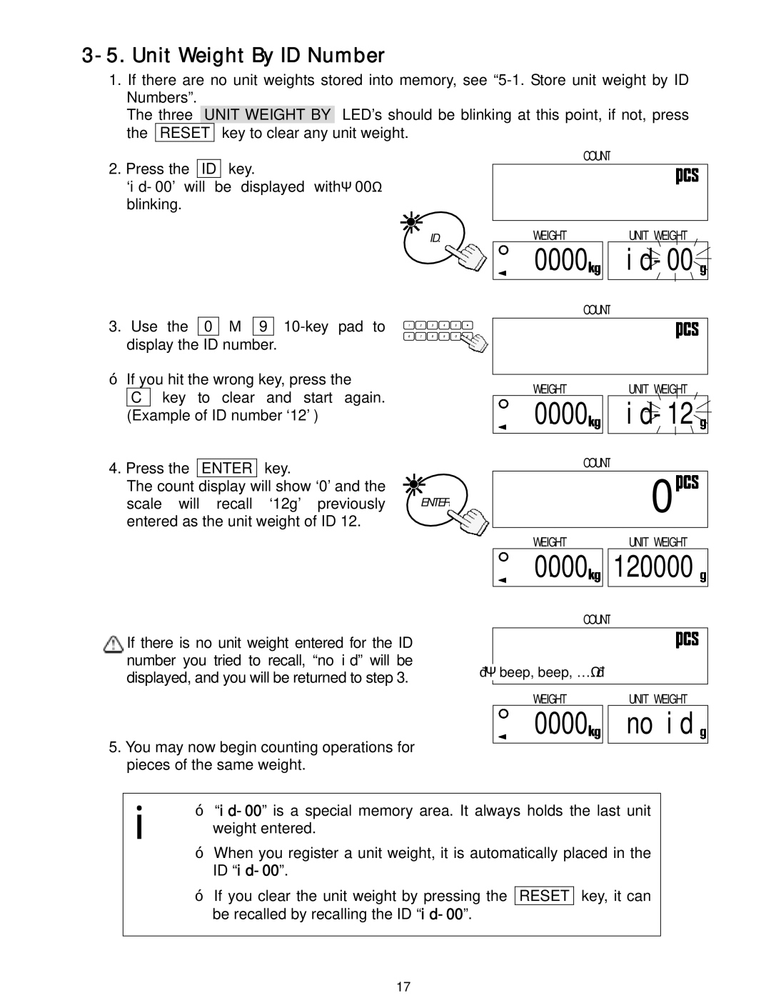 A&D HC-6Ki, HC-15Ki, HC-3Ki, HC-30Ki manual 0000 Id-00, Id-12, No id, Unit Weight By ID Number, Reset 