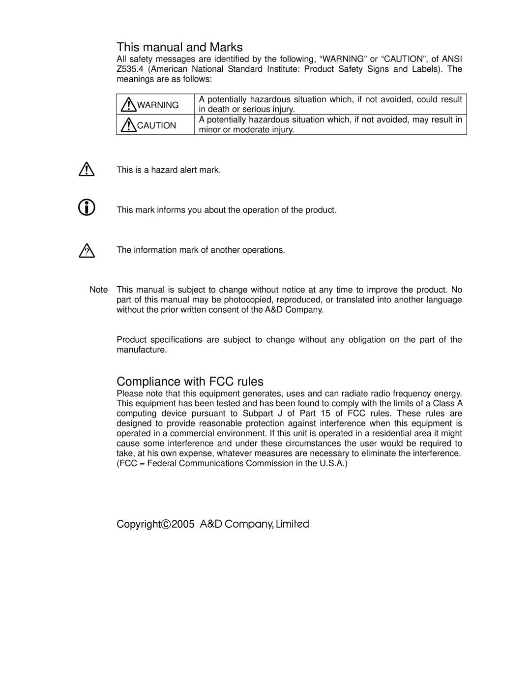 A&D HC-30Ki, HC-15Ki, HC-3Ki, HC-6Ki This manual and Marks 