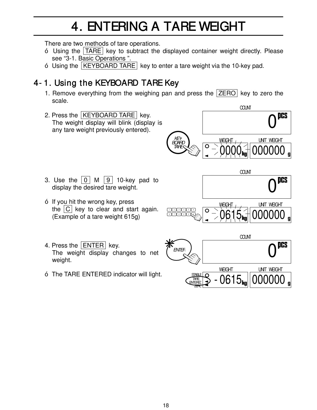 A&D HC-15Ki, HC-3Ki, HC-30Ki, HC-6Ki manual 888.8.881.0, Entering a Tare Weight, 0615, Using the Keyboard Tare Key 