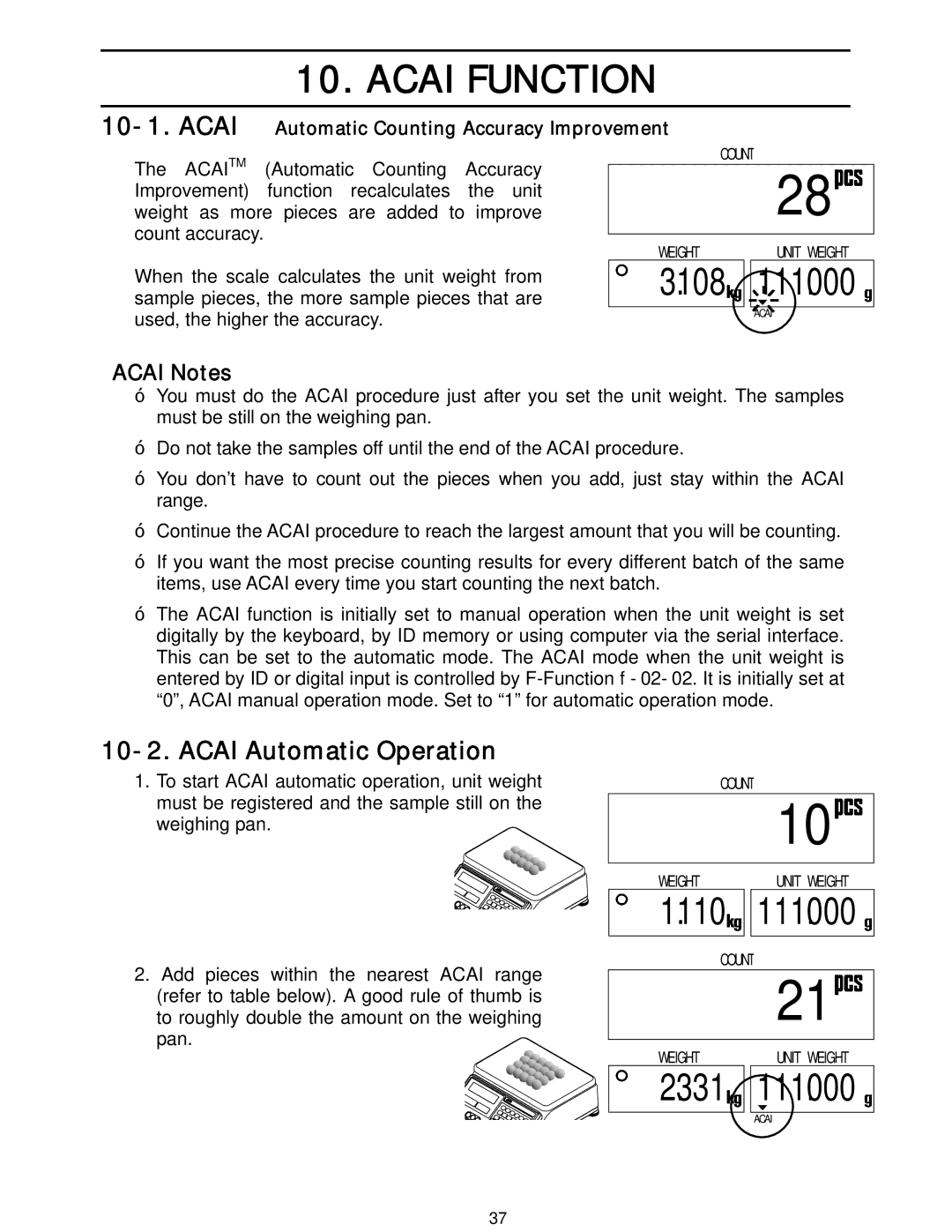 A&D HC-6Ki, HC-15Ki, HC-3Ki, HC-30Ki manual 88888828, 88888821, Acai Function, Acai Automatic Operation, Acai Notes 