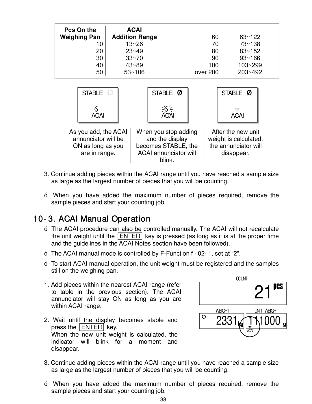 A&D HC-15Ki, HC-3Ki, HC-30Ki, HC-6Ki manual Acai Manual Operation, Pcs On, Weighing Pan Addition Range, Stable Acai 