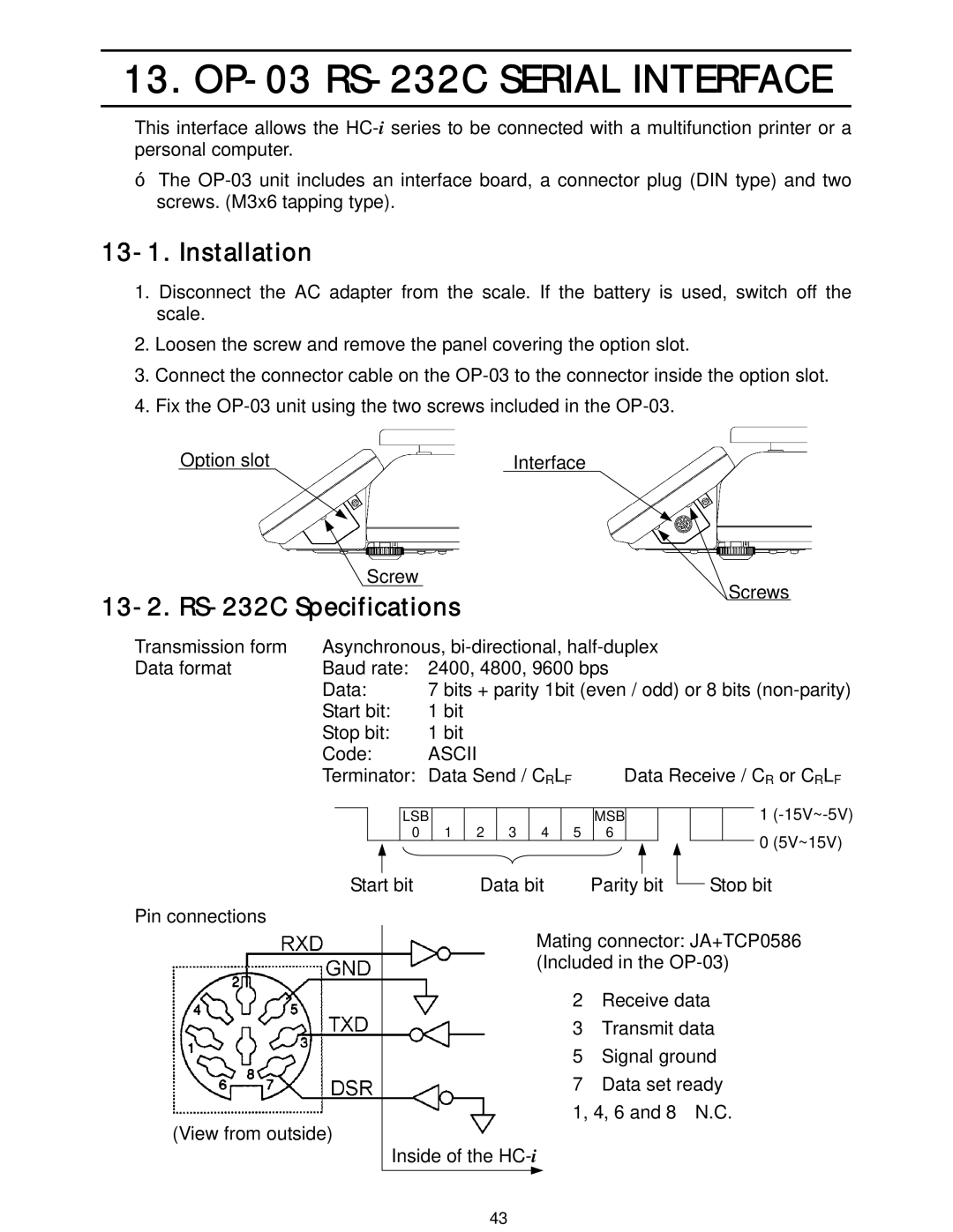 A&D HC-3Ki, HC-15Ki, HC-30Ki, HC-6Ki manual OP-03 RS-232C Serial Interface, Installation, RS-232C Specifications, Ascii 