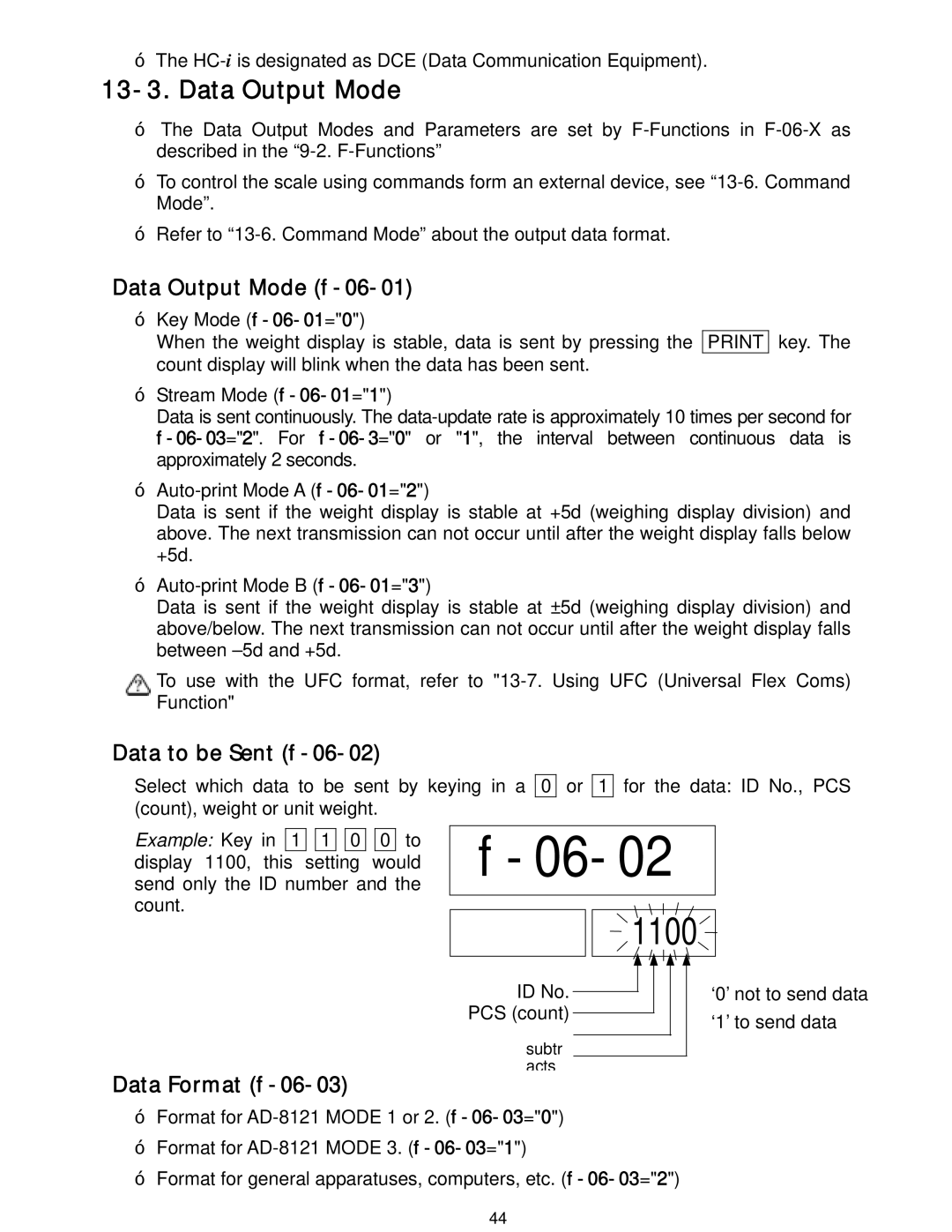 A&D HC-30Ki, HC-15Ki, HC-3Ki, HC-6Ki manual 1100, Data Output Mode f-06-01, Data to be Sent f-06-02, Data Format f-06-03 