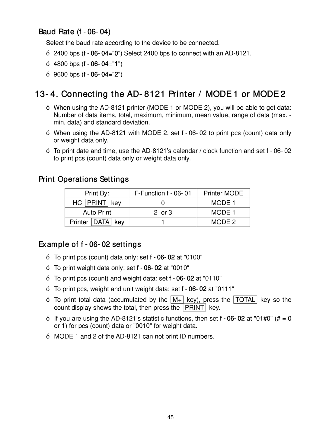 A&D HC-6Ki, HC-15Ki, HC-3Ki Connecting the AD-8121 Printer / Mode 1 or Mode, Baud Rate f-06-04, Print Operations Settings 