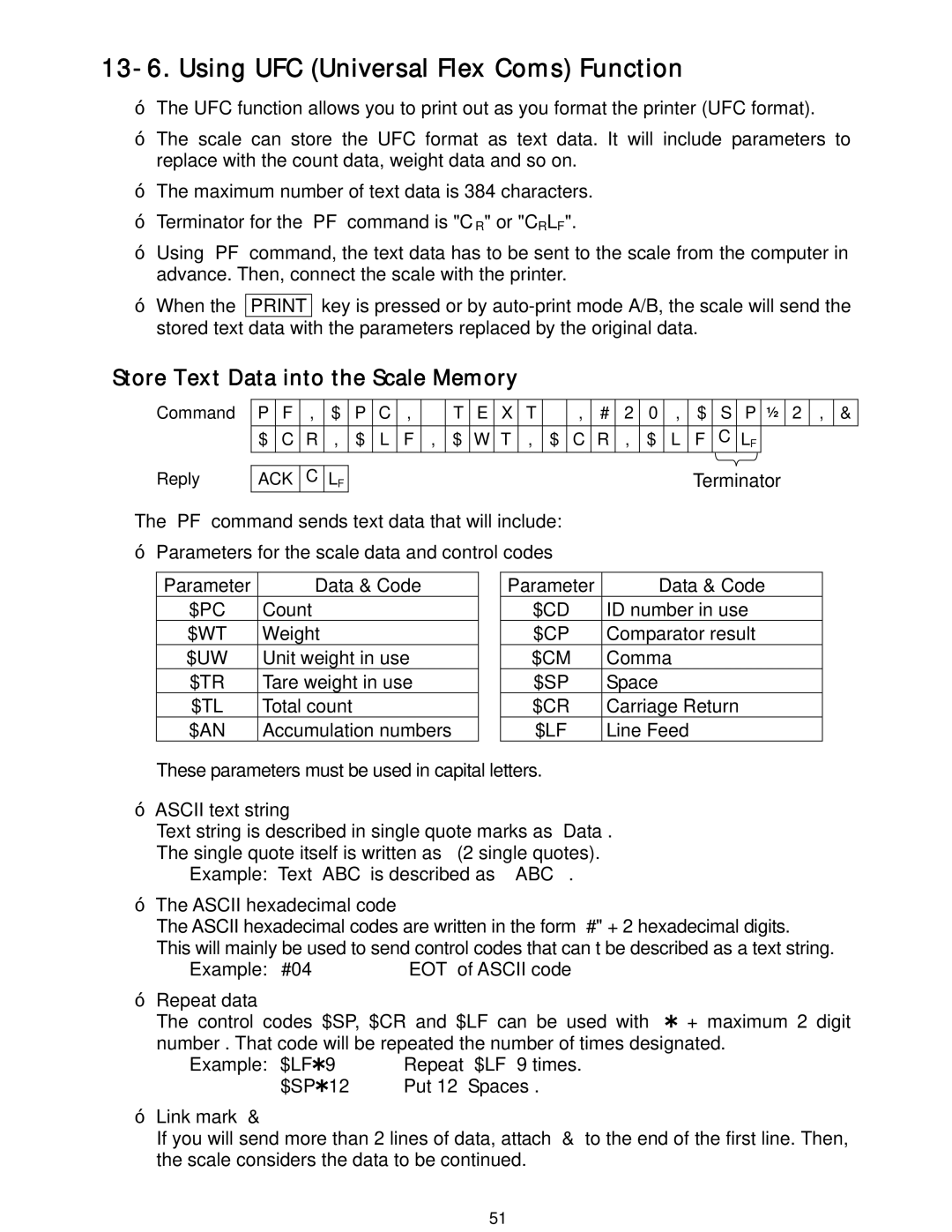 A&D HC-3Ki, HC-15Ki, HC-30Ki, HC-6Ki manual Using UFC Universal Flex Coms Function, Store Text Data into the Scale Memory 