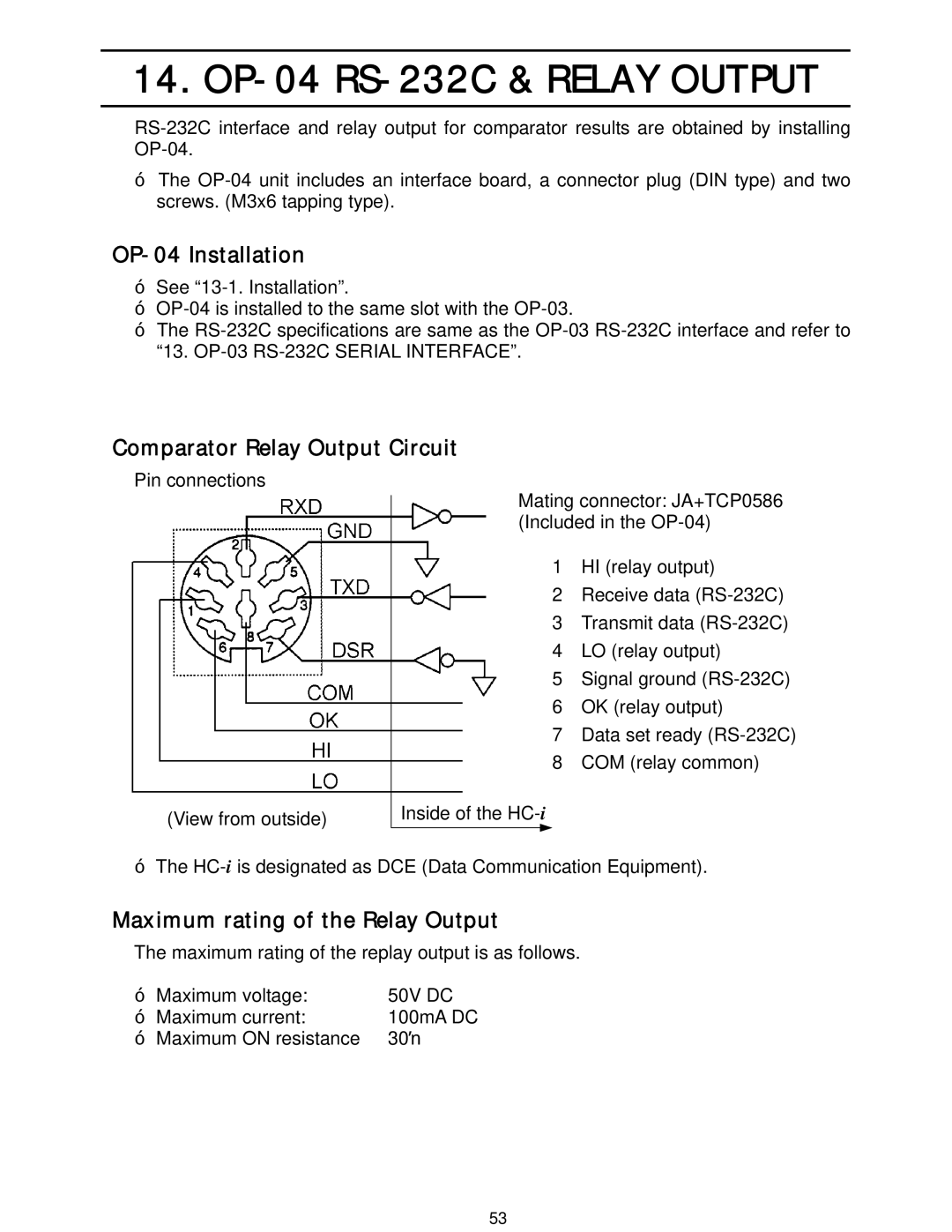 A&D HC-6Ki, HC-15Ki, HC-3Ki, HC-30Ki OP-04 Installation, Comparator Relay Output Circuit, Maximum rating of the Relay Output 