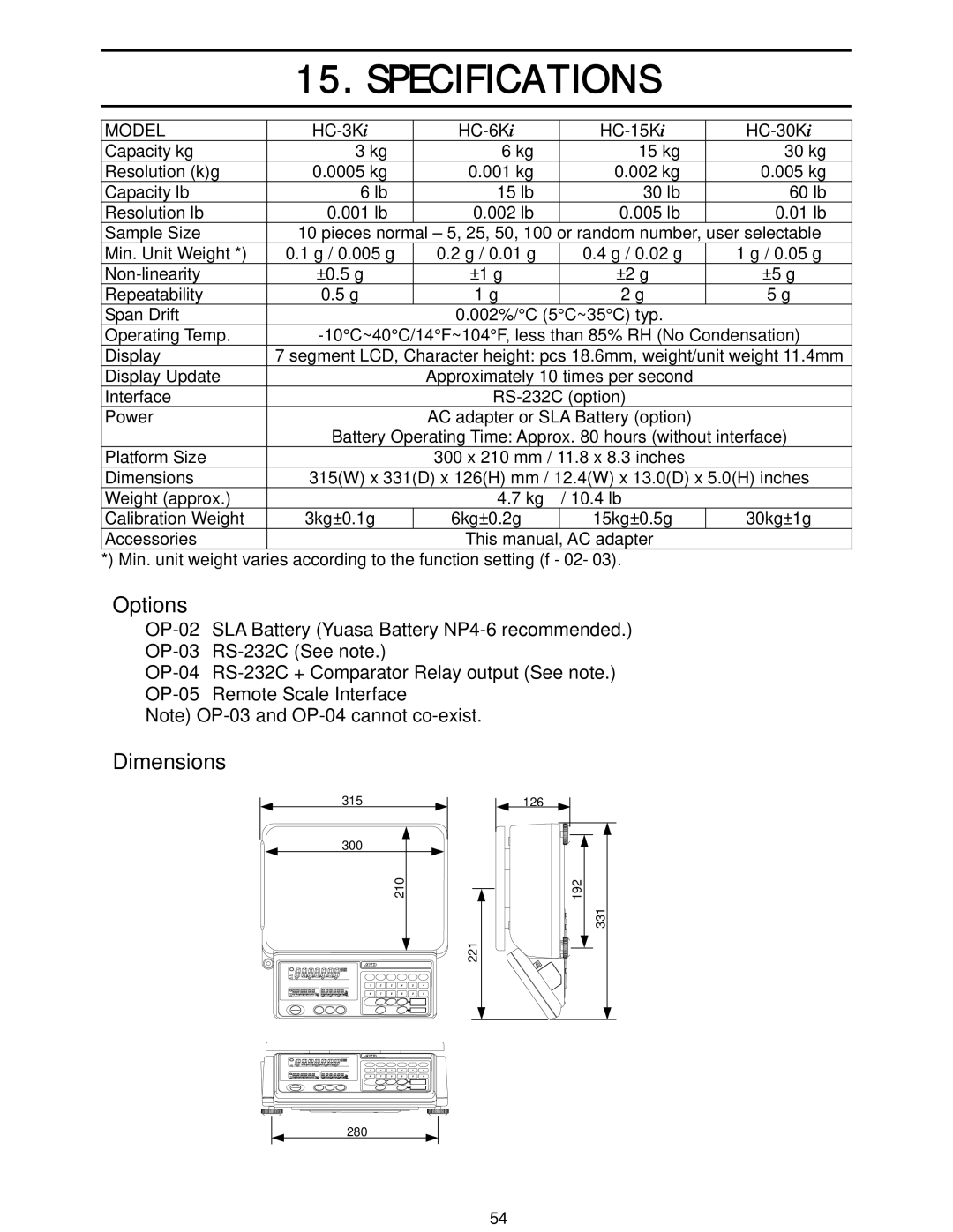 A&D HC-15Ki, HC-3Ki, HC-30Ki, HC-6Ki manual Specifications, Model 