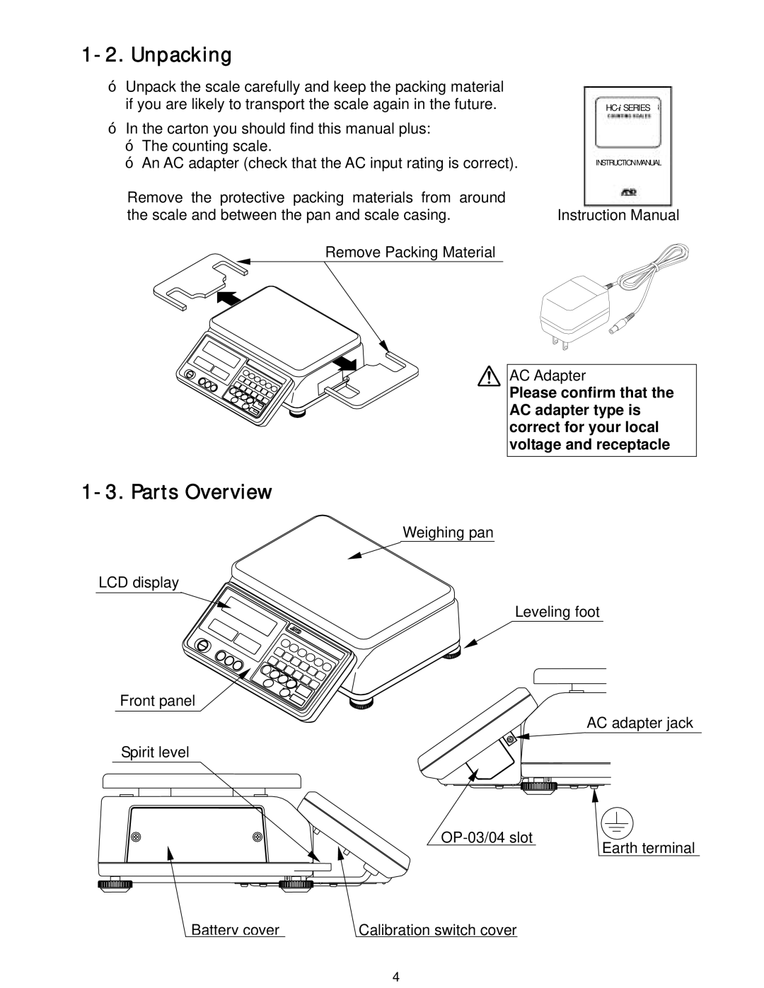 A&D HC-30Ki, HC-15Ki, HC-3Ki, HC-6Ki manual Unpacking, Parts Overview 