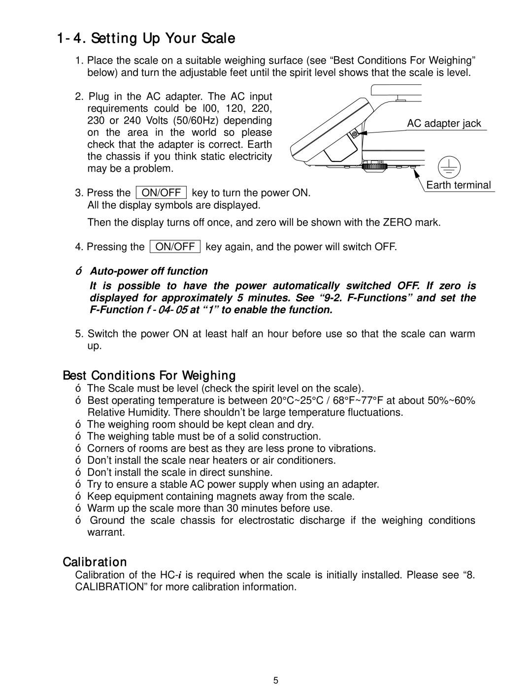 A&D HC-6Ki, HC-15Ki, HC-3Ki, HC-30Ki manual Setting Up Your Scale, Best Conditions For Weighing, Calibration, On/Off 