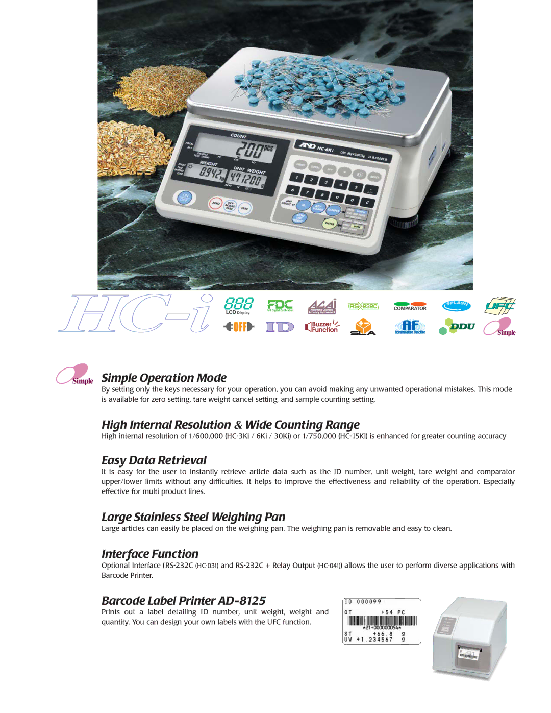 A&D HC-i Simple Operation Mode, High Internal Resolution & Wide Counting Range, Easy Data Retrieval, Interface Function 