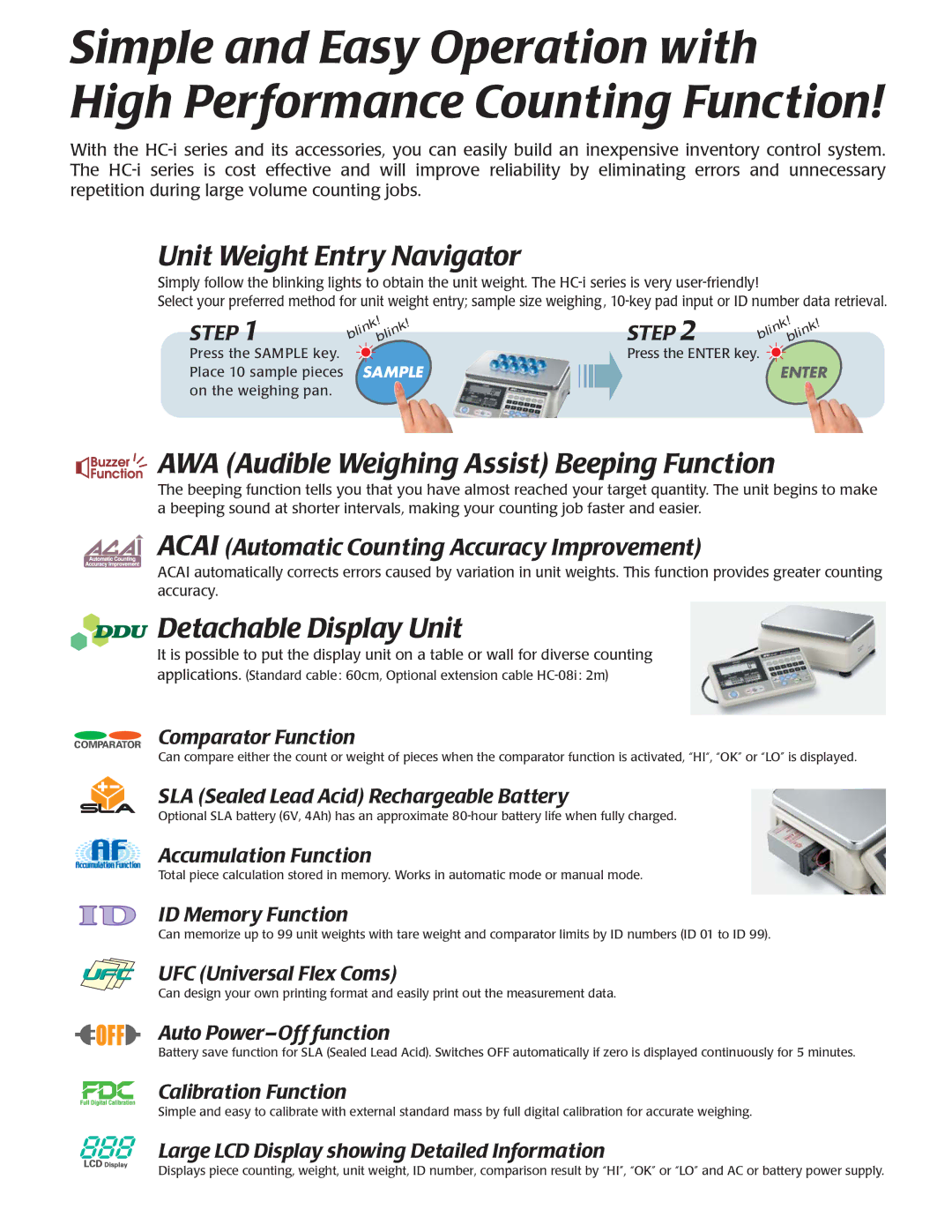 A&D HC-i manual Comparator Function, SLA Sealed Lead Acid Rechargeable Battery, Accumulation Function, ID Memory Function 