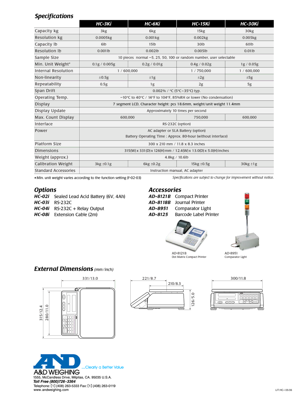 A&D HC-i manual Specifications 