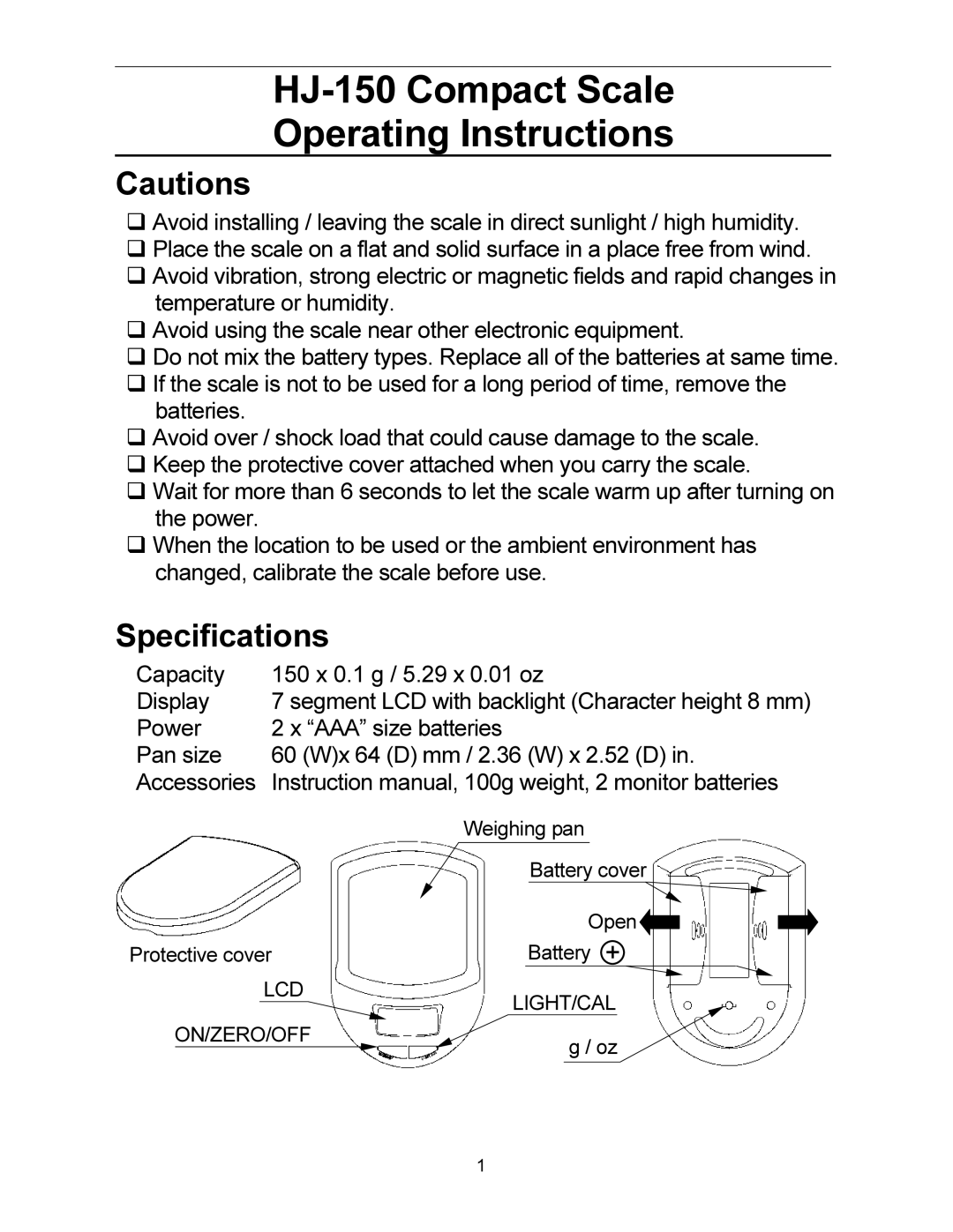 A&D HJ-150 specifications Specifications, Batteries, Capacity 150 x 0.1 g / 5.29 x 0.01 oz Display 