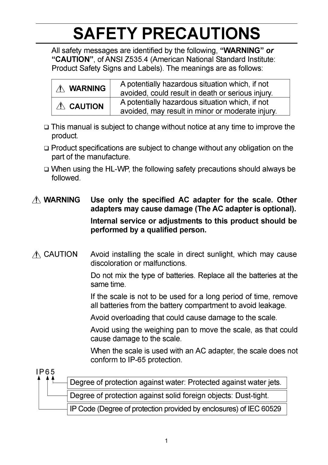 A&D HL-300WP, HL-3000LWP, HL-3000WP, HL-1000WP manual Safety Precautions 