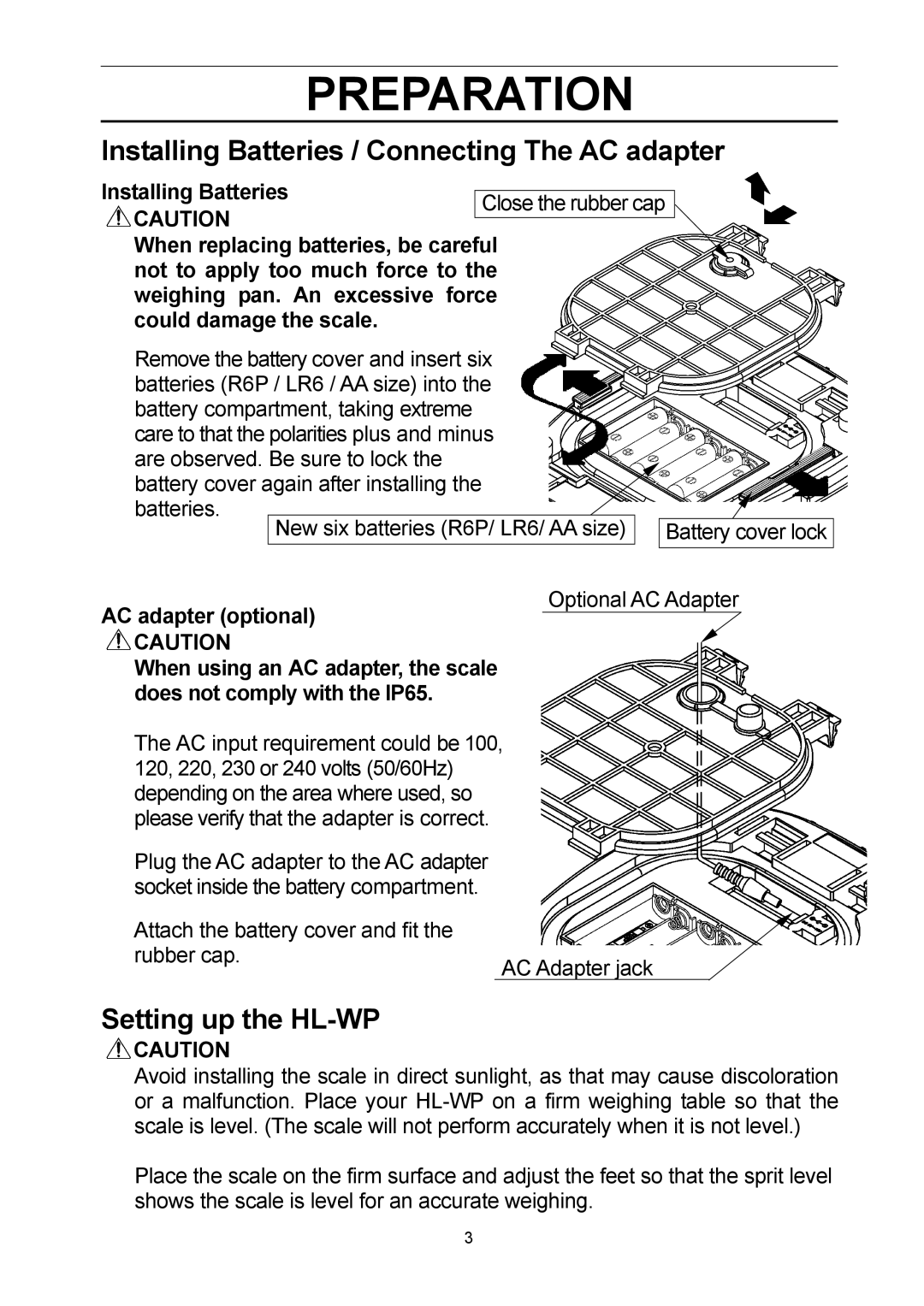 A&D HL-3000LWP, HL-3000WP, HL-300WP, HL-1000WP manual Preparation, Installing Batteries / Connecting The AC adapter 