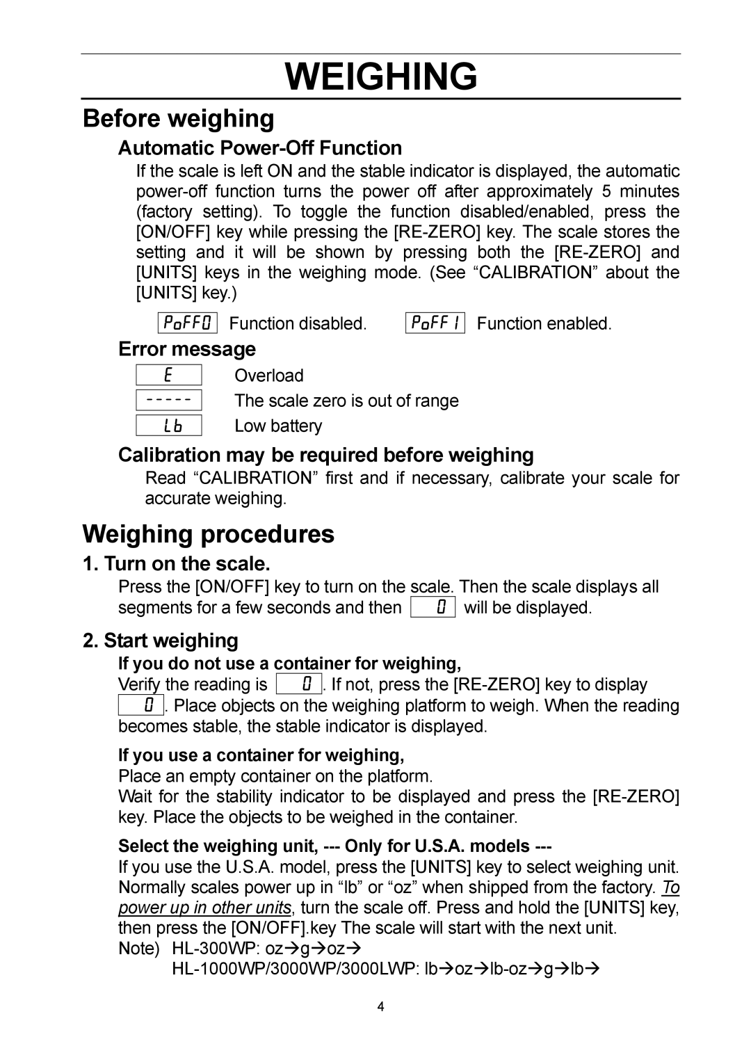 A&D HL-3000WP, HL-3000LWP, HL-300WP, HL-1000WP manual Before weighing, Weighing procedures 