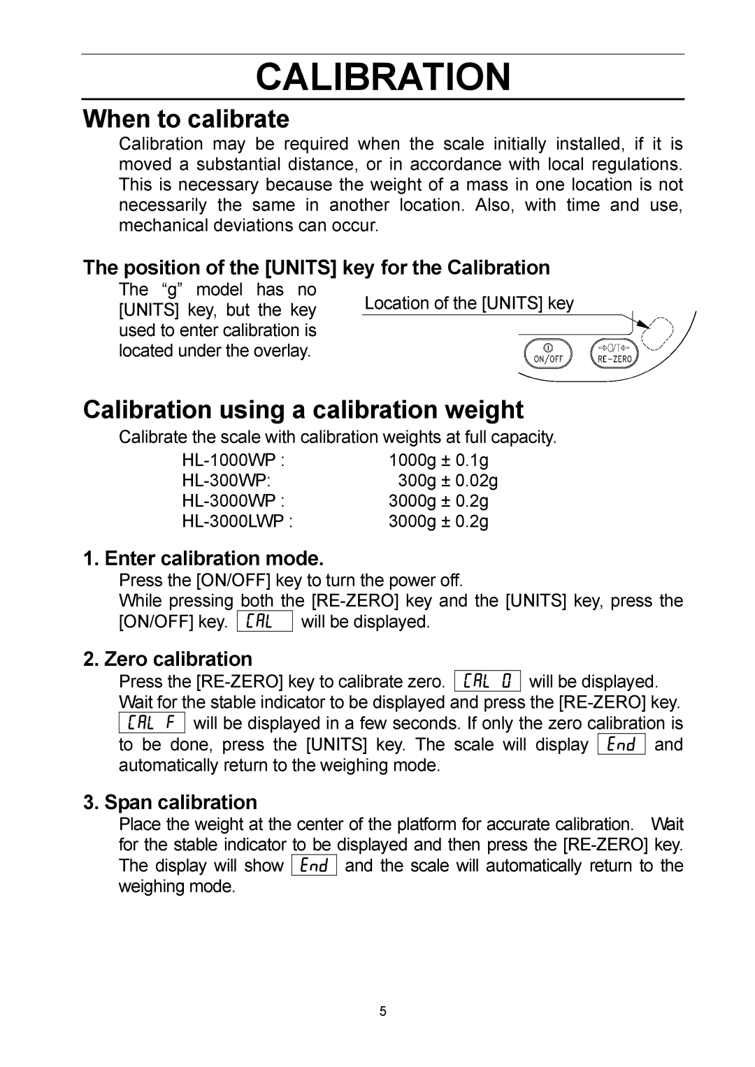 A&D HL-300WP, HL-3000LWP, HL-3000WP, HL-1000WP manual When to calibrate, Calibration using a calibration weight 