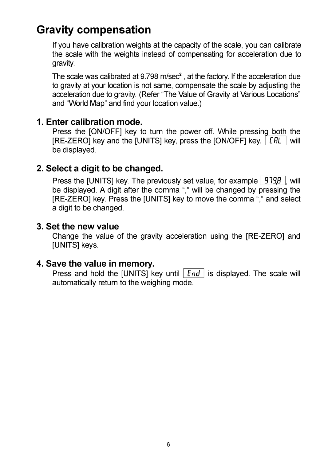 A&D HL-1000WP, HL-3000LWP Gravity compensation, Select a digit to be changed, Set the new value, Save the value in memory 