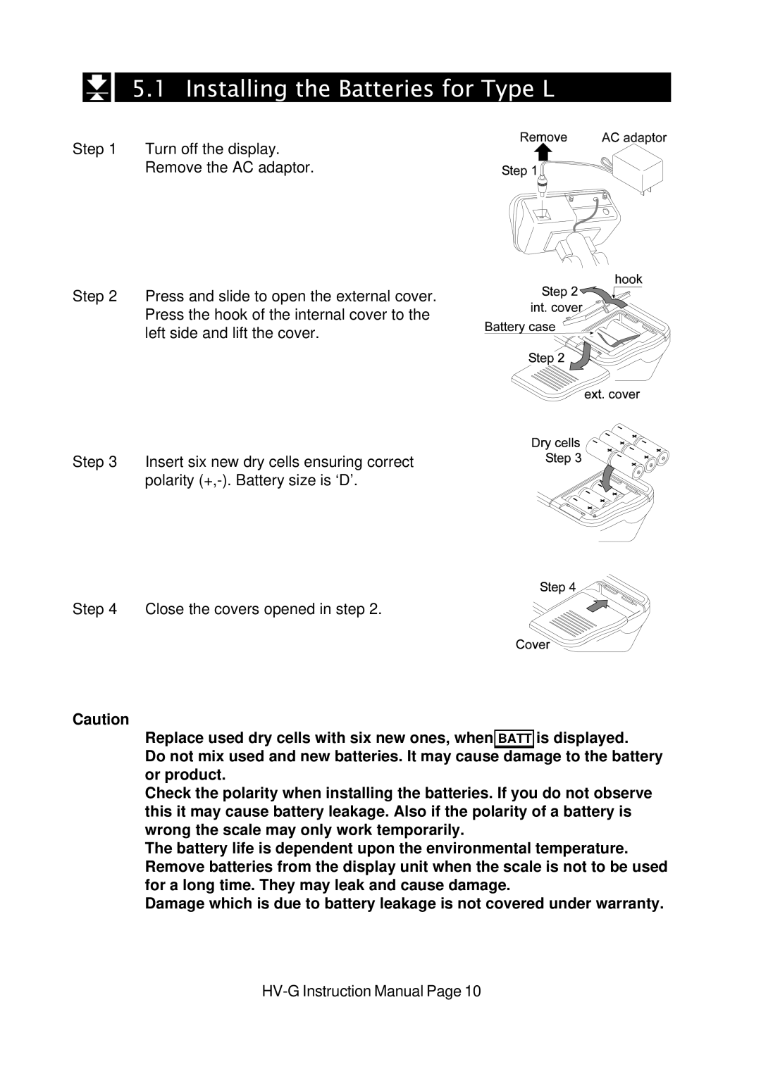 A&D HV-G Series instruction manual Installing the Batteries for Type L 