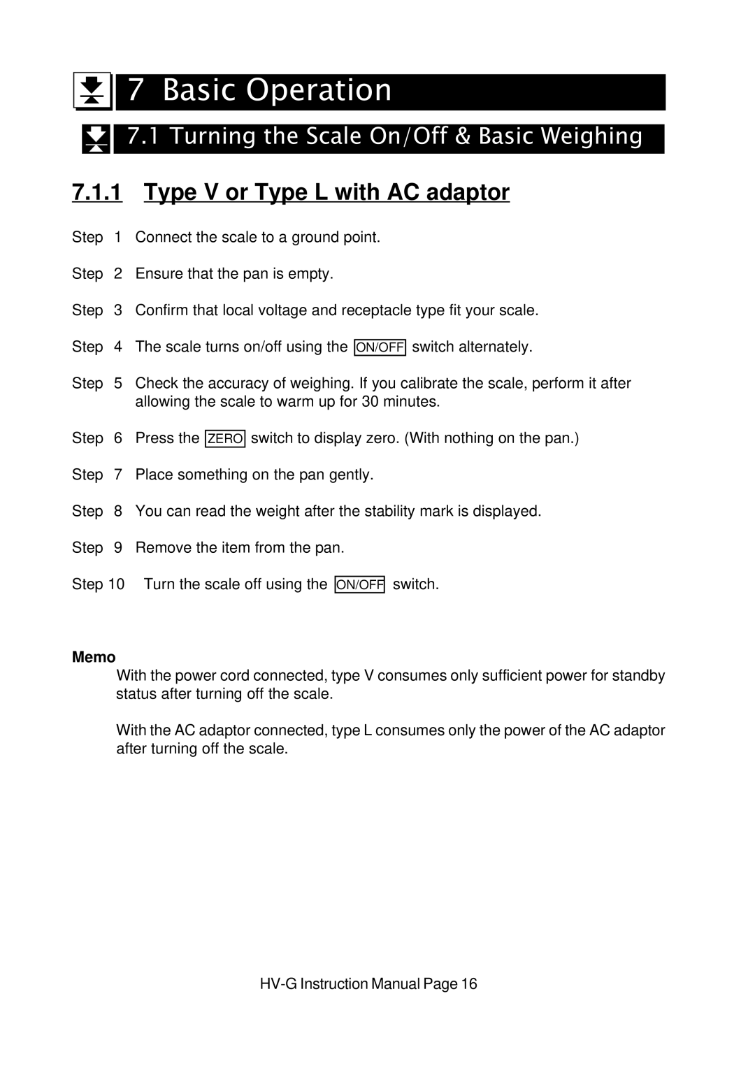 A&D HV-G Series instruction manual Basic Operation, Turning the Scale On/Off & Basic Weighing, Memo 