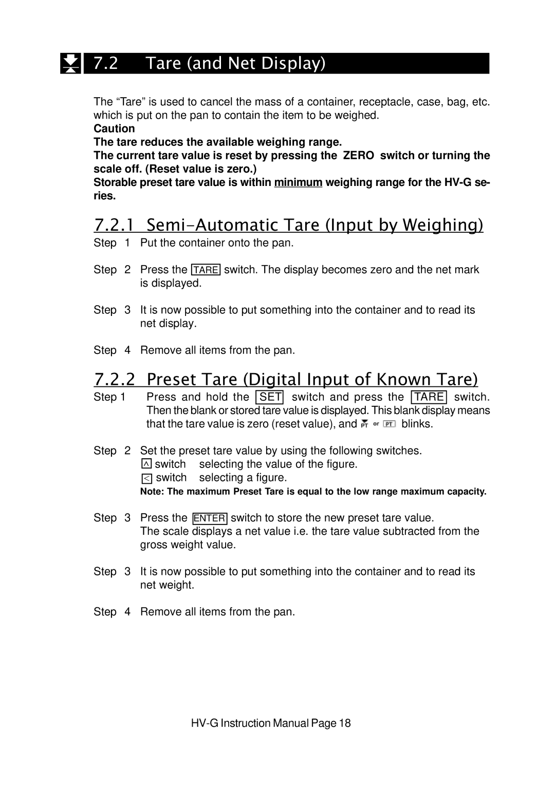 A&D HV-G Series instruction manual Tare and Net Display, Semi-Automatic Tare Input by Weighing 