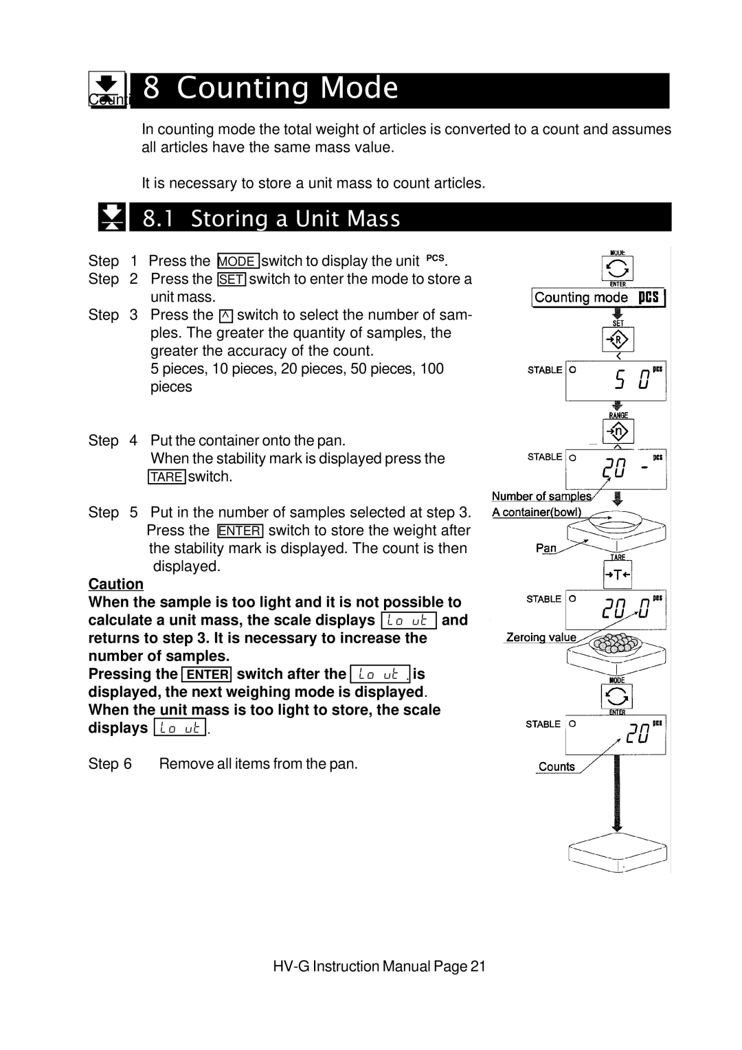 A&D HV-G Series instruction manual Counting Mode, Storing a Unit Mass 