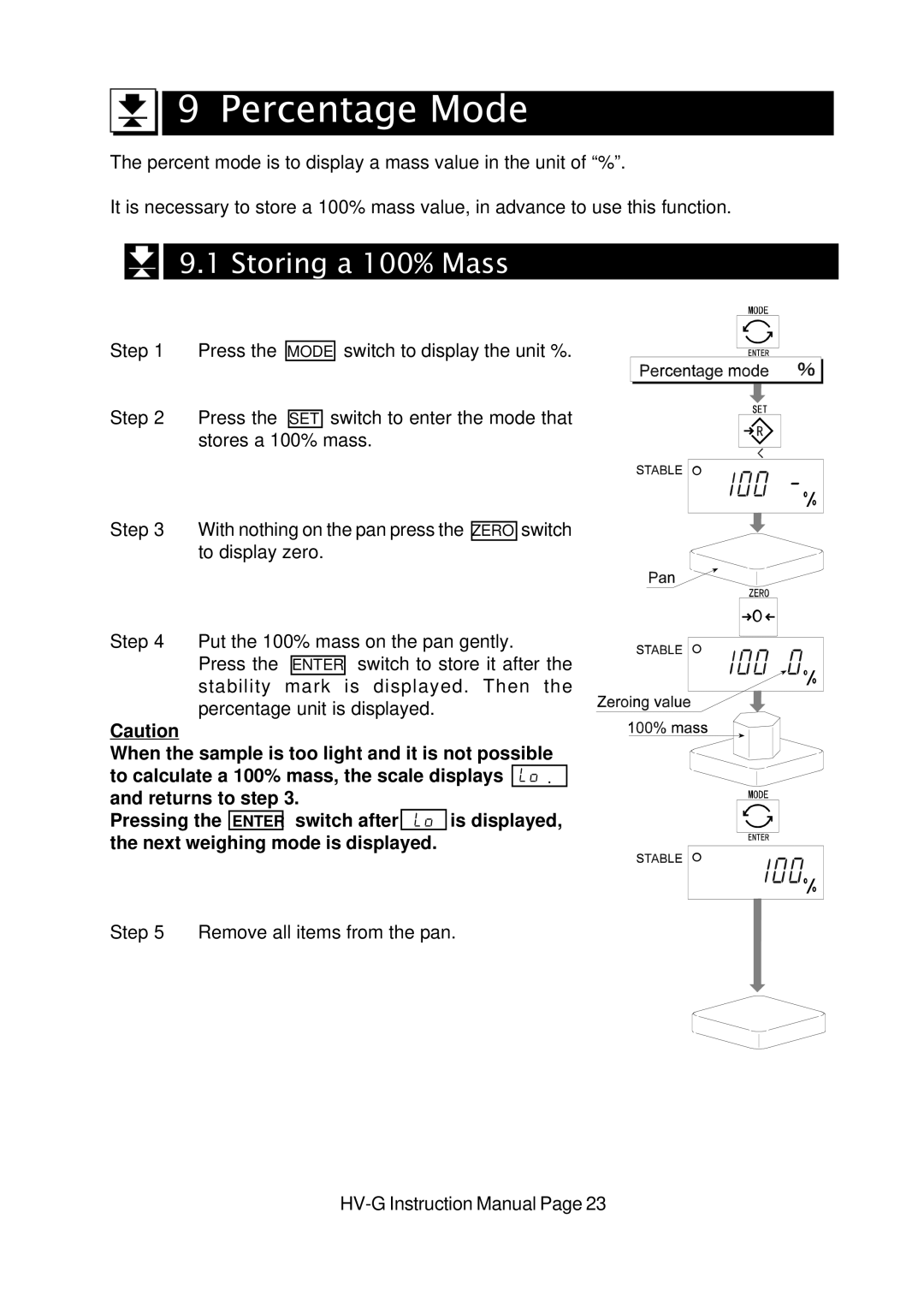 A&D HV-G Series instruction manual Percentage Mode, Storing a 100% Mass 