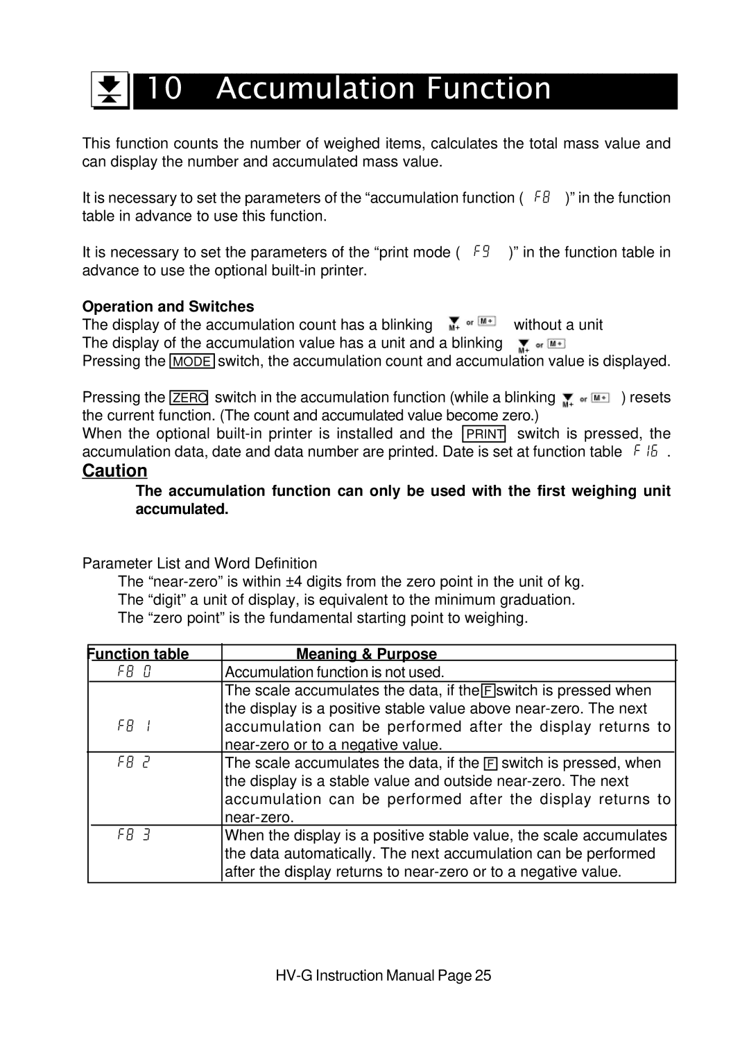 A&D HV-G Series instruction manual Accumulation Function, Operation and Switches, Function table Meaning & Purpose 