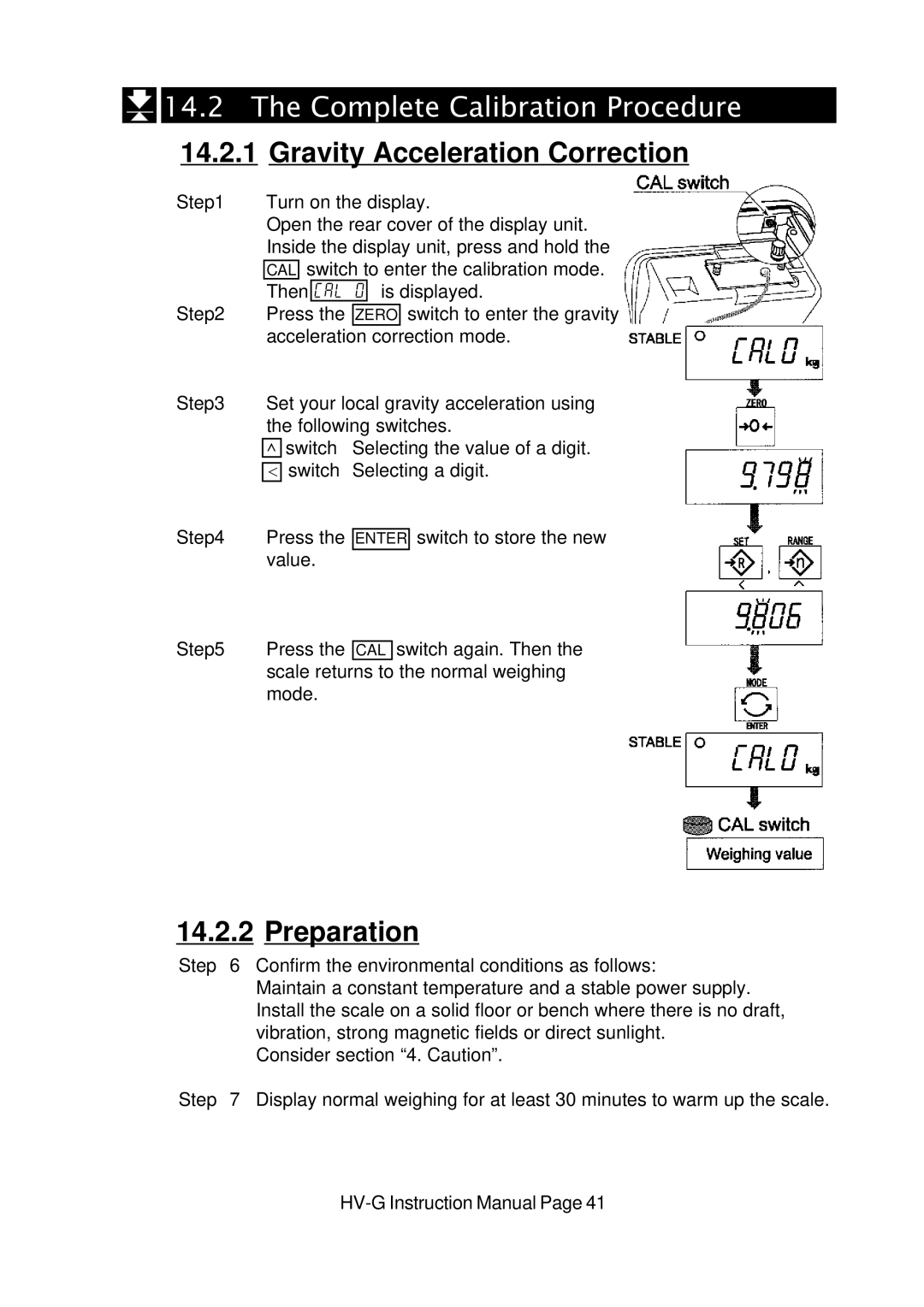 A&D HV-G Series instruction manual Complete Calibration Procedure, Gravity Acceleration Correction 