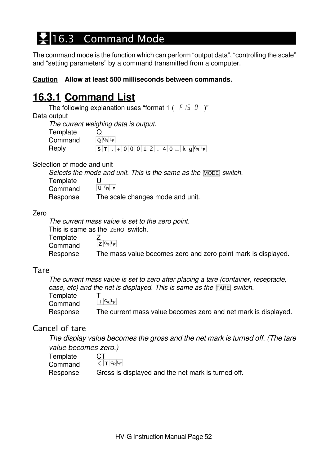 A&D HV-G Series instruction manual Command Mode, Tare, Cancel of tare 