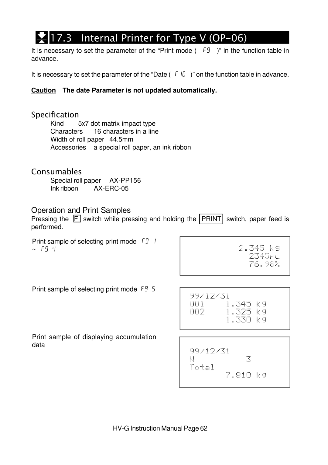 A&D HV-G Series instruction manual Internal Printer for Type V OP-06, Specification, Consumables 