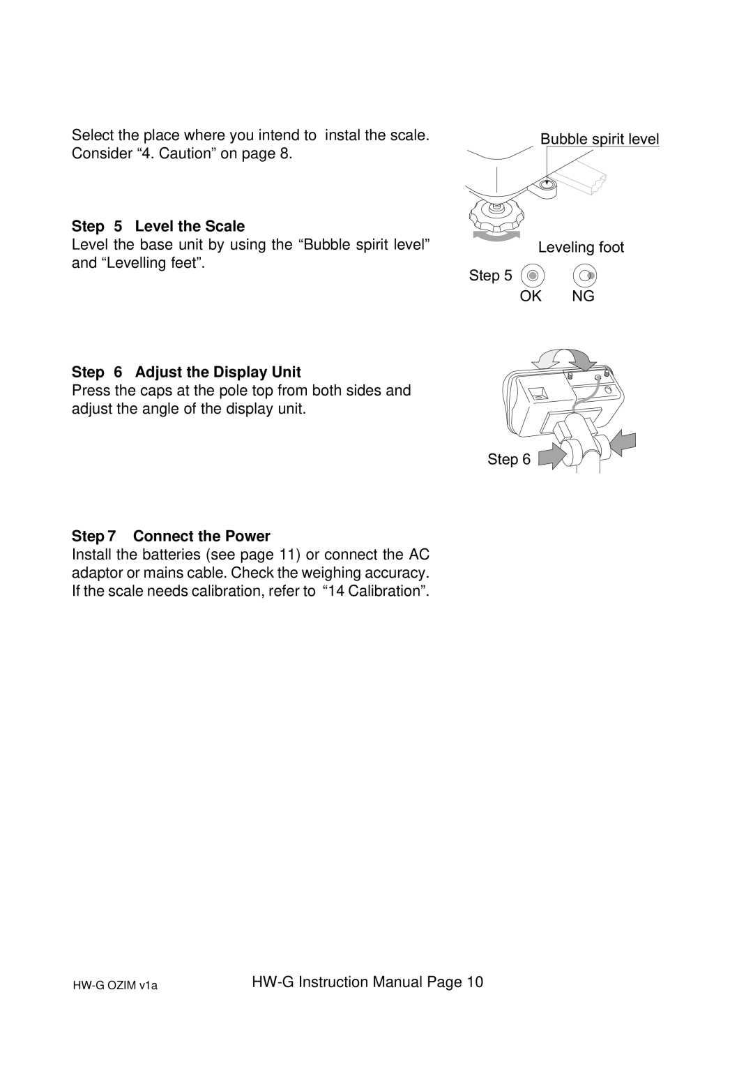 A&D HW-200KGV, HW-100KGL, HG-60KGV, HW-60KGL, HW-200KGL, HW-10KGV Level the Scale, Adjust the Display Unit, Connect the Power 