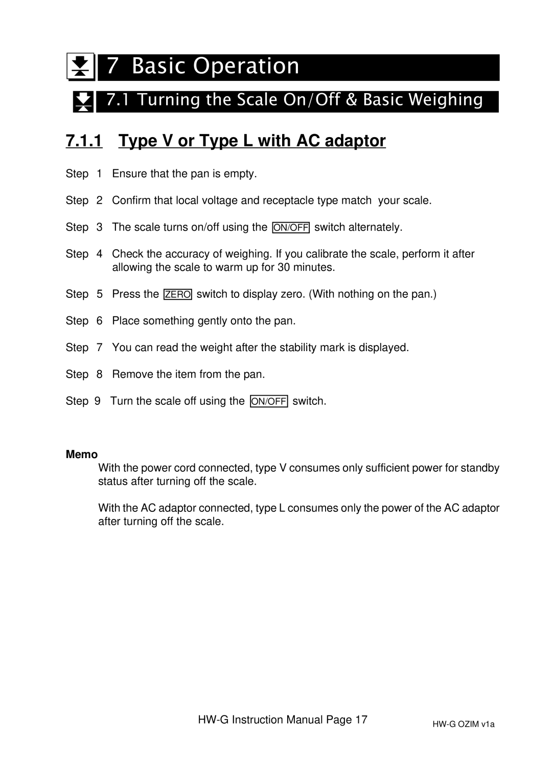 A&D HW-200KGL, HW-100KGL, HG-60KGV, HW-60KGL, HW-200KGV Basic Operation, Turning the Scale On/Off & Basic Weighing, Memo 