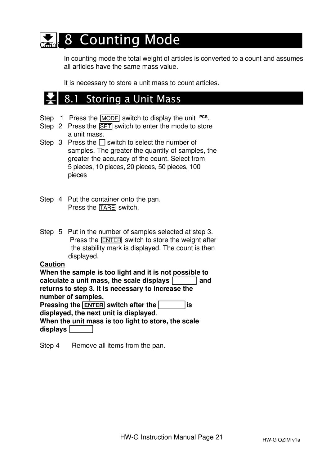 A&D HW-10KGL, HW-100KGL, HG-60KGV, HW-60KGL, HW-200KGL, HW-200KGV, HW-10KGV, HW100KGV Counting Mode, Storing a Unit Mass 