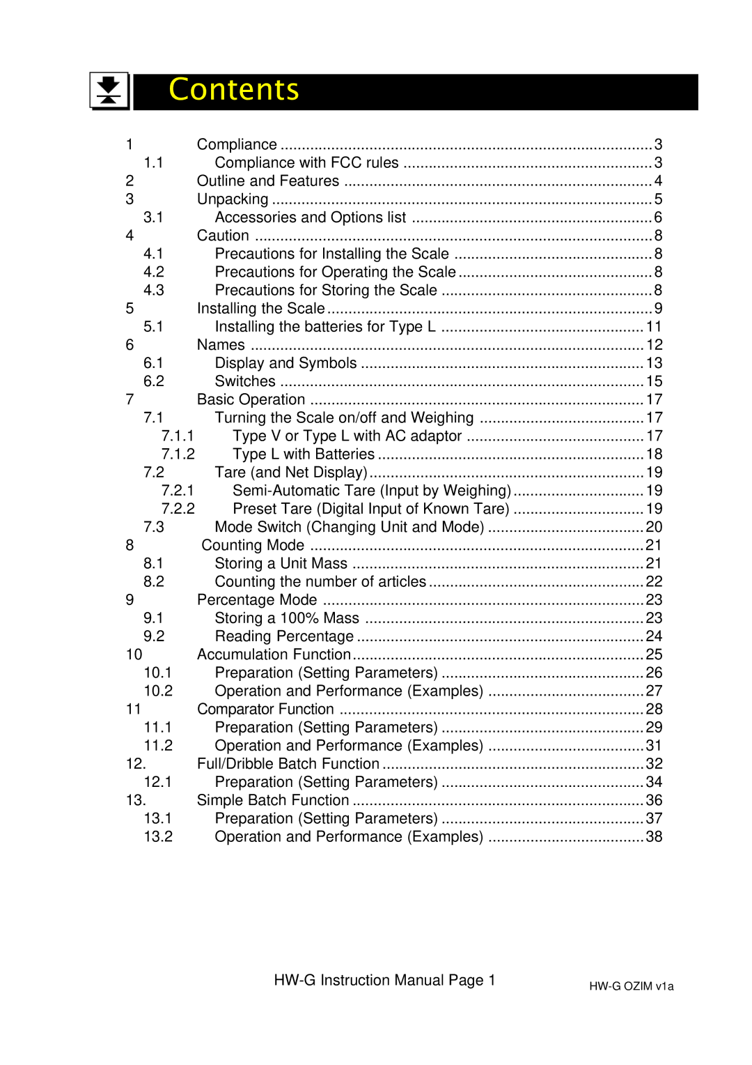 A&D HW-200KGL, HW-100KGL, HG-60KGV, HW-60KGL, HW-200KGV, HW-10KGV, HW100KGV, HW-10KGL instruction manual Contents 