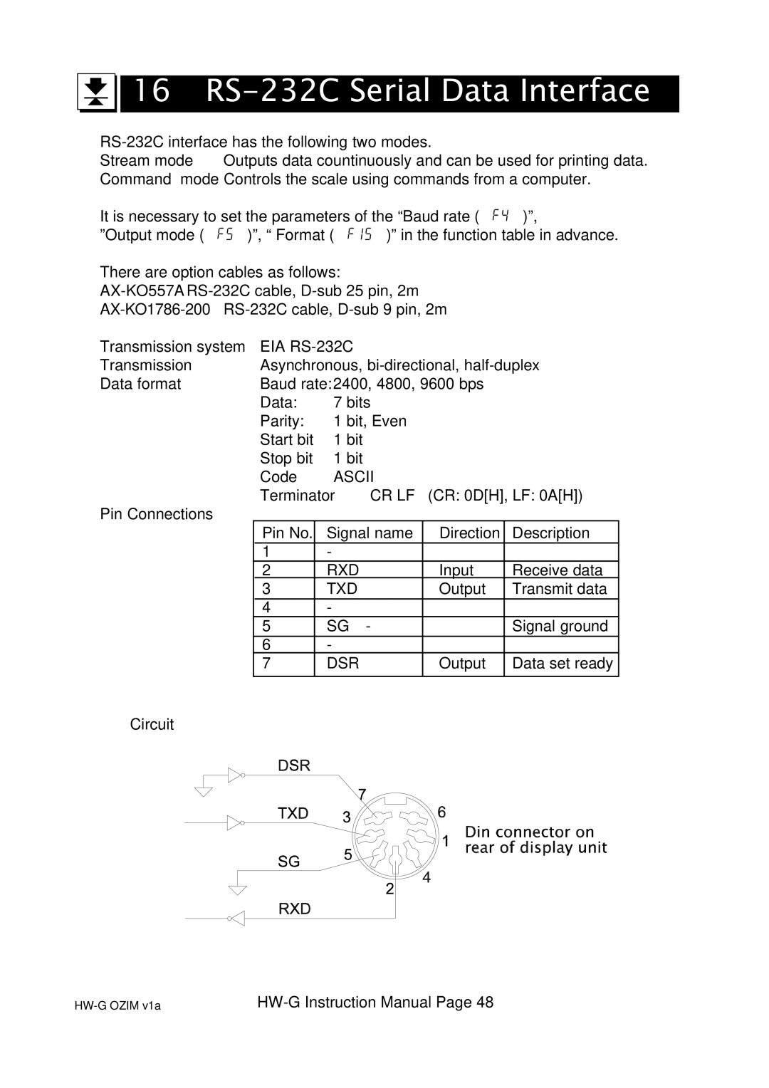 A&D HW-60KGL, HW-100KGL, HG-60KGV, HW-200KGL, HW-200KGV, HW-10KGV, HW100KGV, HW-10KGL 16 RS-232C Serial Data Interface 